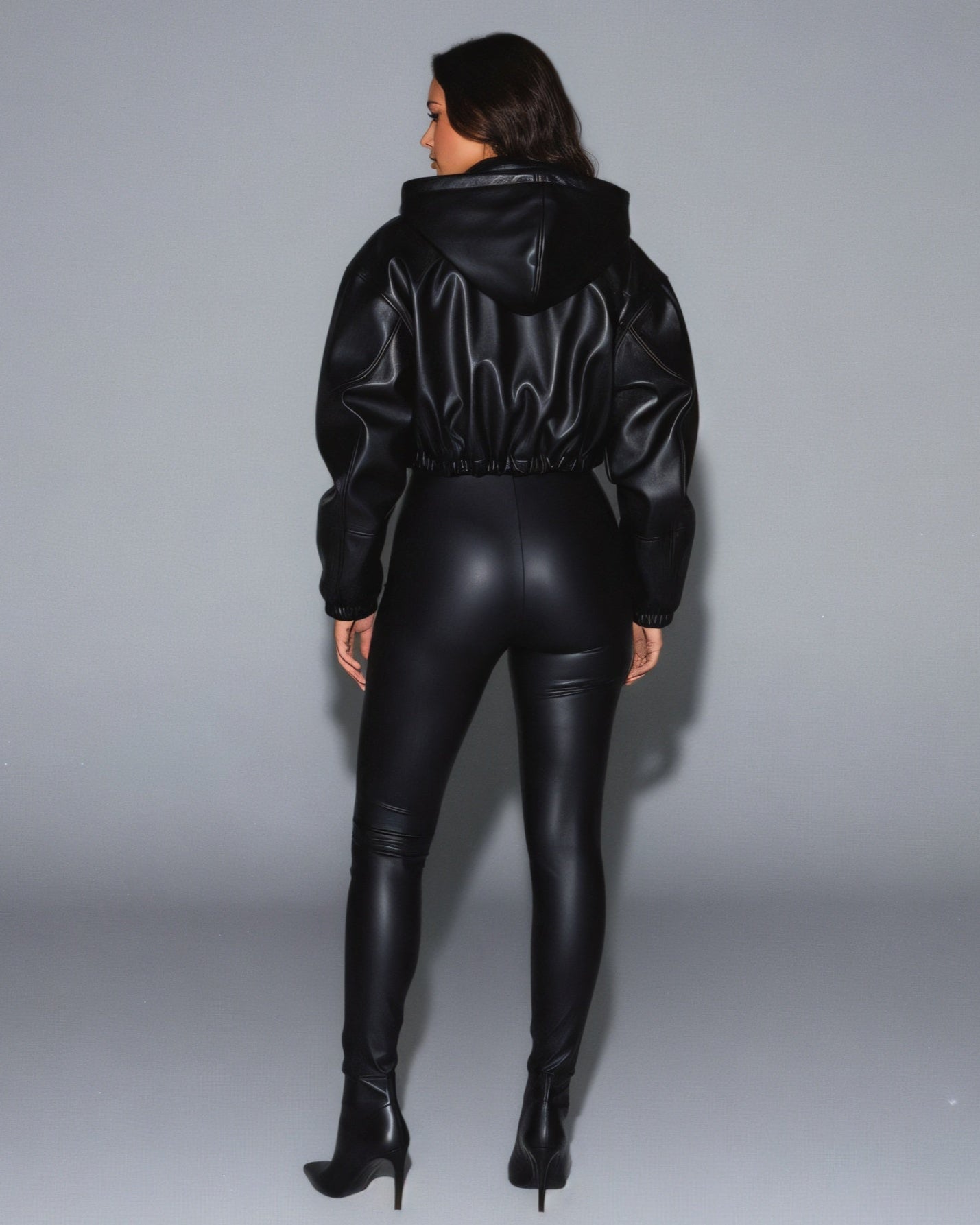 DAYAN Cropped Long Sleeve Faux Leather Jacket