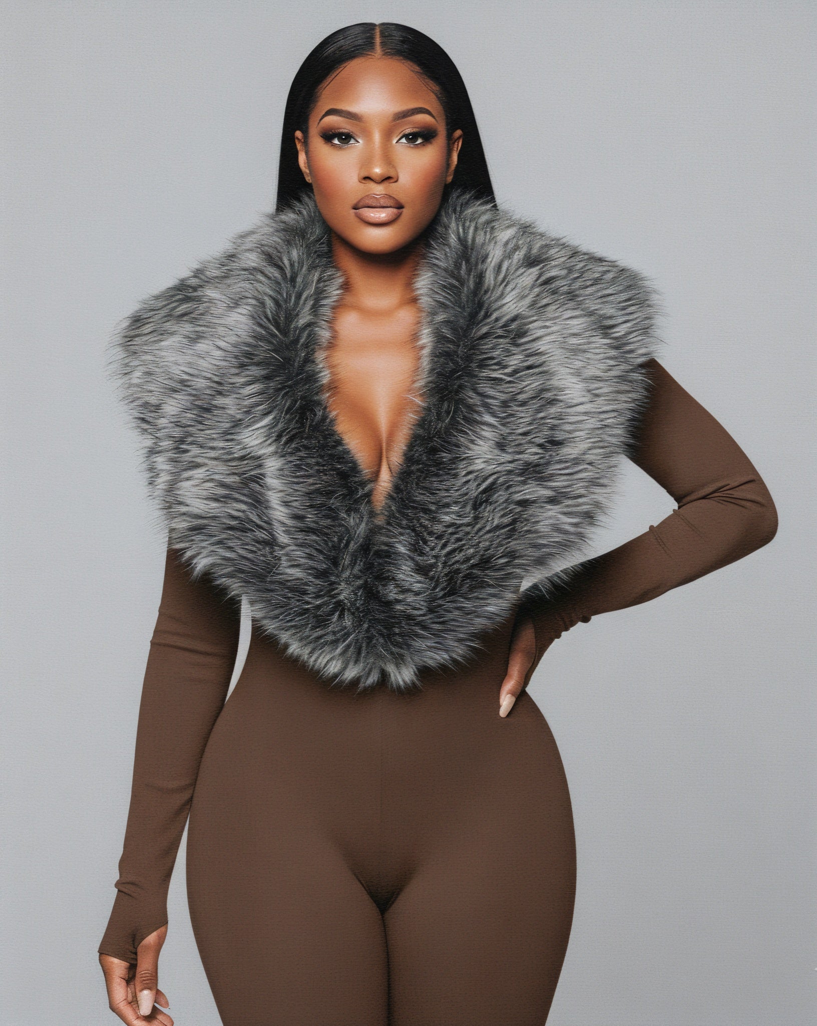 VARINA Faux Fur Collar Ribbed Jumpsuit
