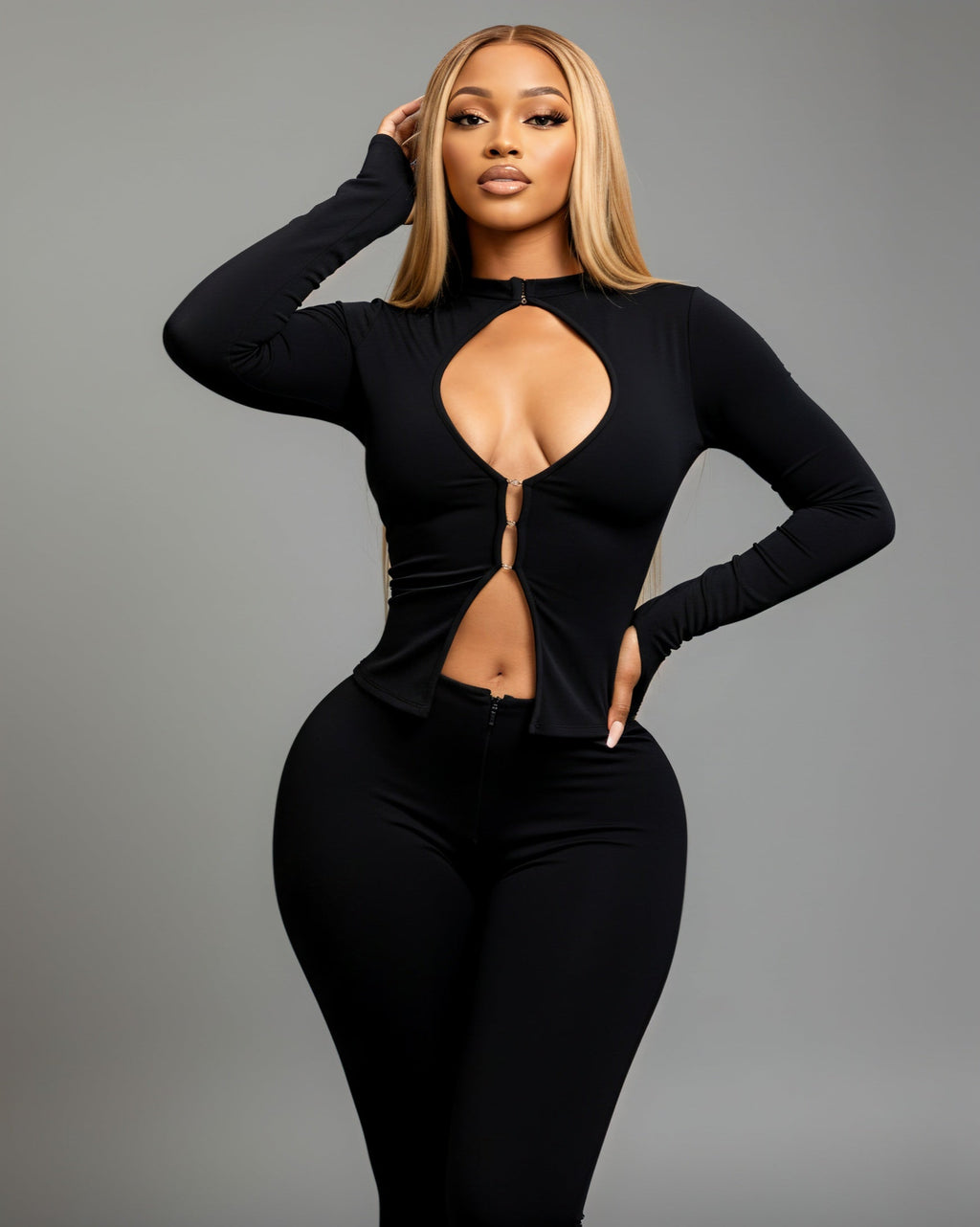 VIANNE Keyhole Cutout Top & Zip-Front Pant Set