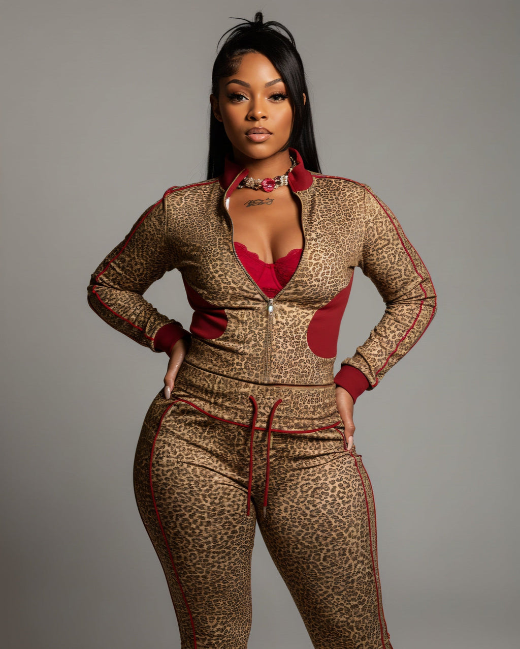 DERMA Leopard Print Zip-up Top & Leggings Set