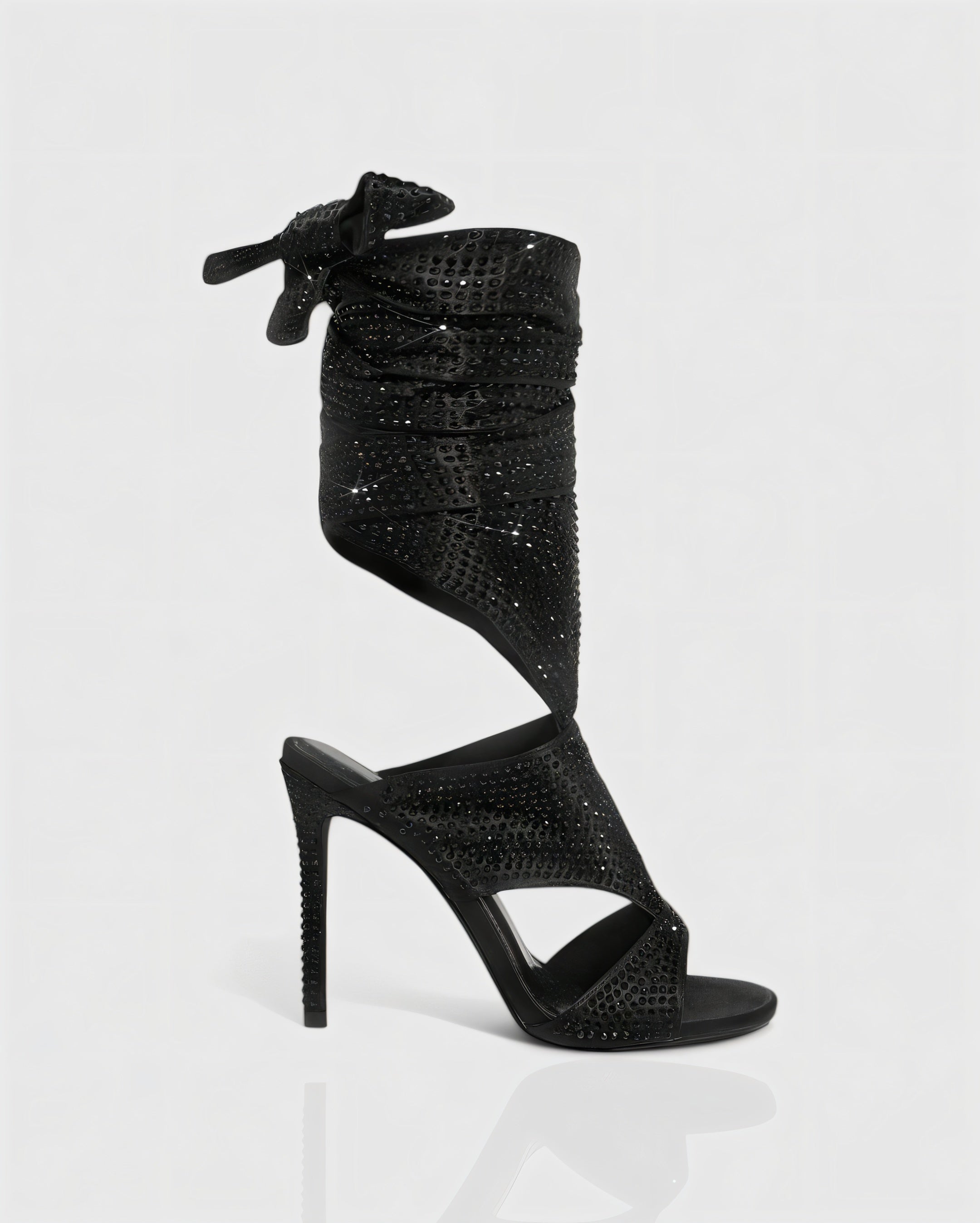 BRIANNE Square Head Rhinestone Lace-Up Knee High Heels