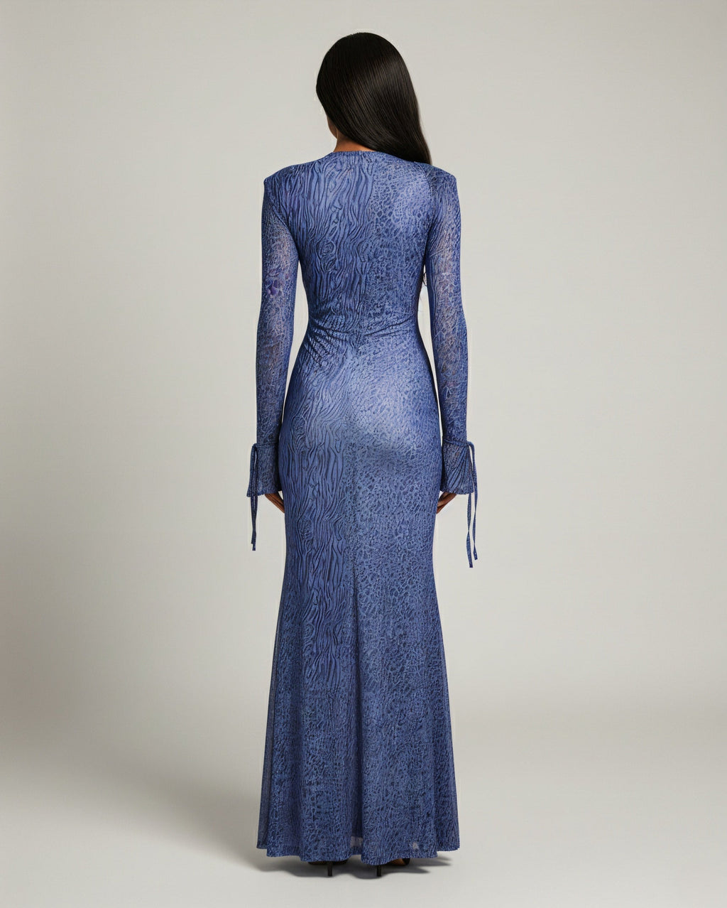NALYA Draped V-Neck Leopard Mesh Maxi Dress