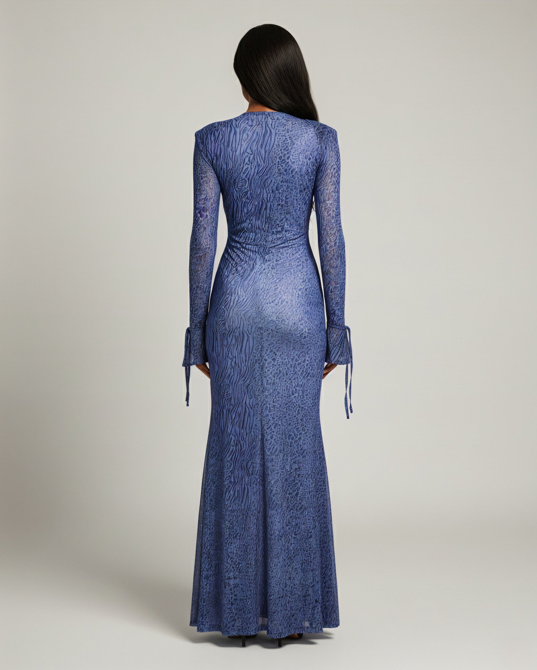 NALYA Draped V-Neck Leopard Mesh Maxi Dress