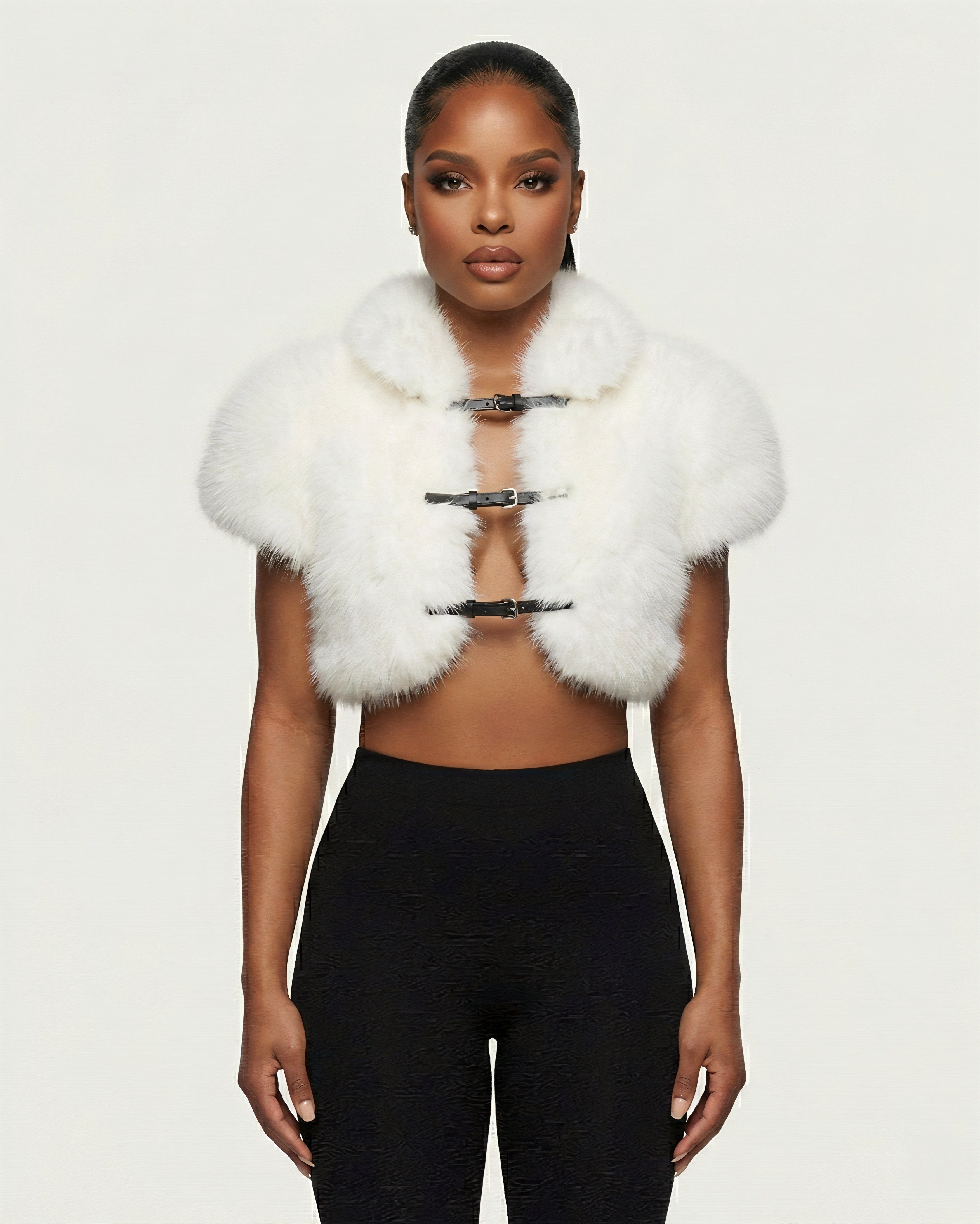 QUELLA Faux-Fur Buckle-Front Cropped Vest