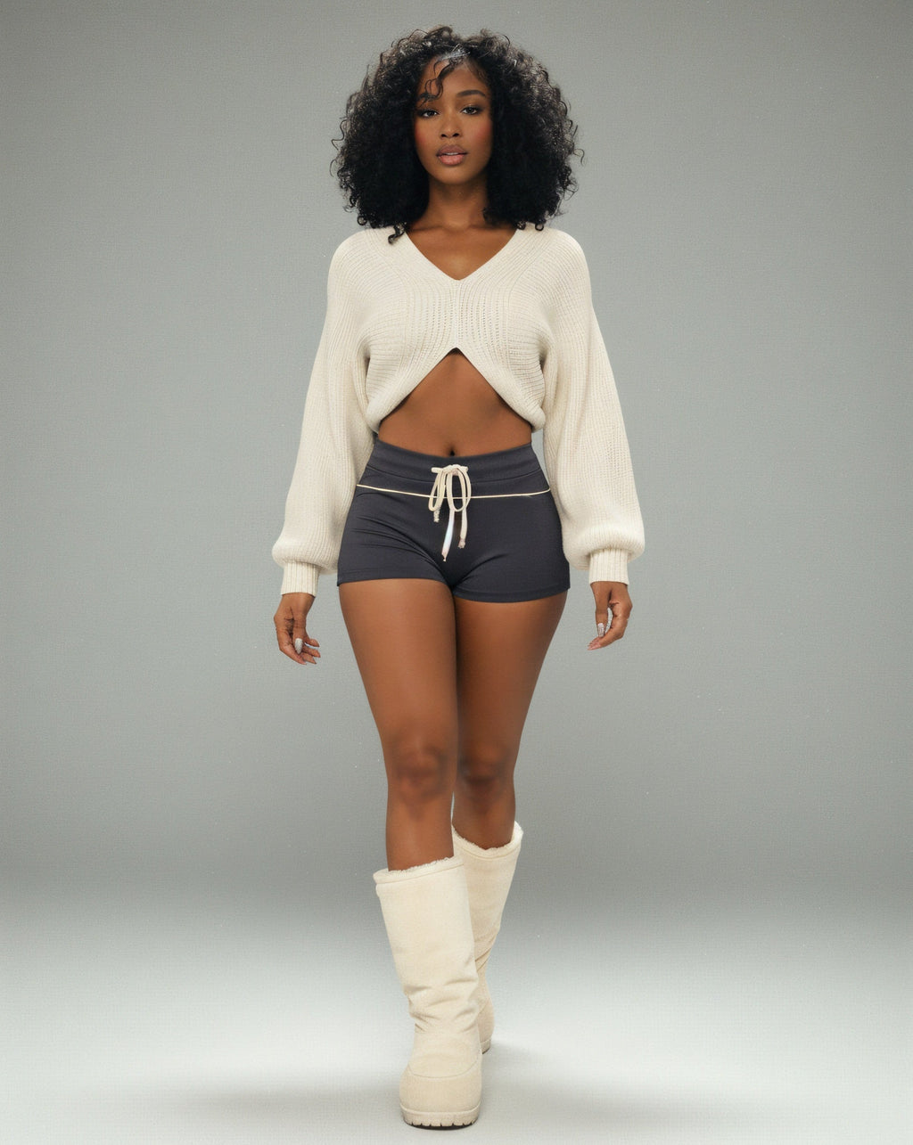 SUNNIVA Ribbed V-Cut Cropped Knit Sweater