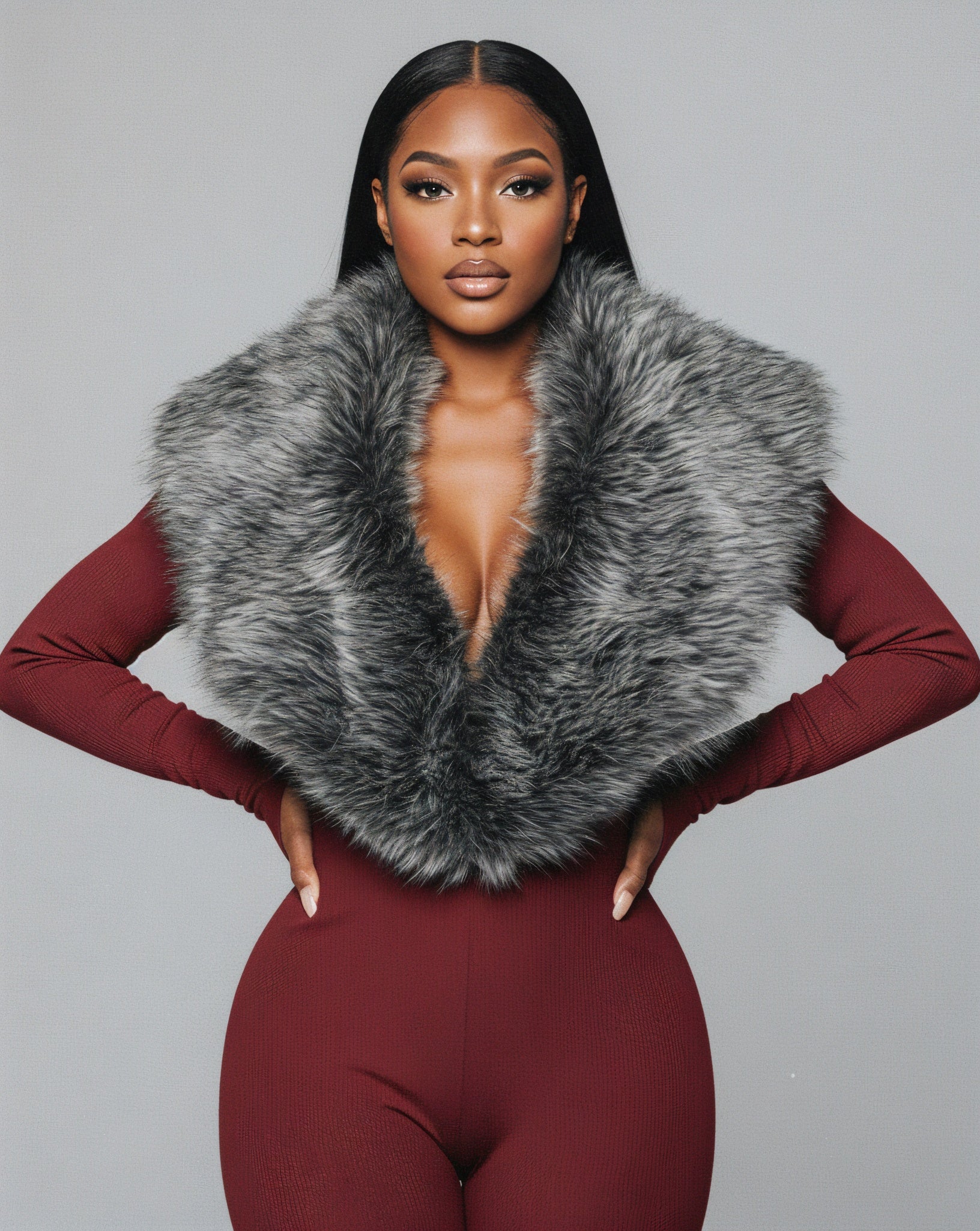 VARINA Faux Fur Collar Ribbed Jumpsuit