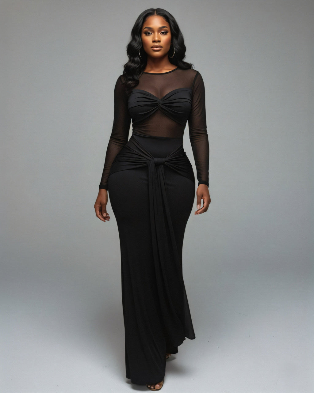 VALEYA Mesh Panel Tie-Front Maxi Dress