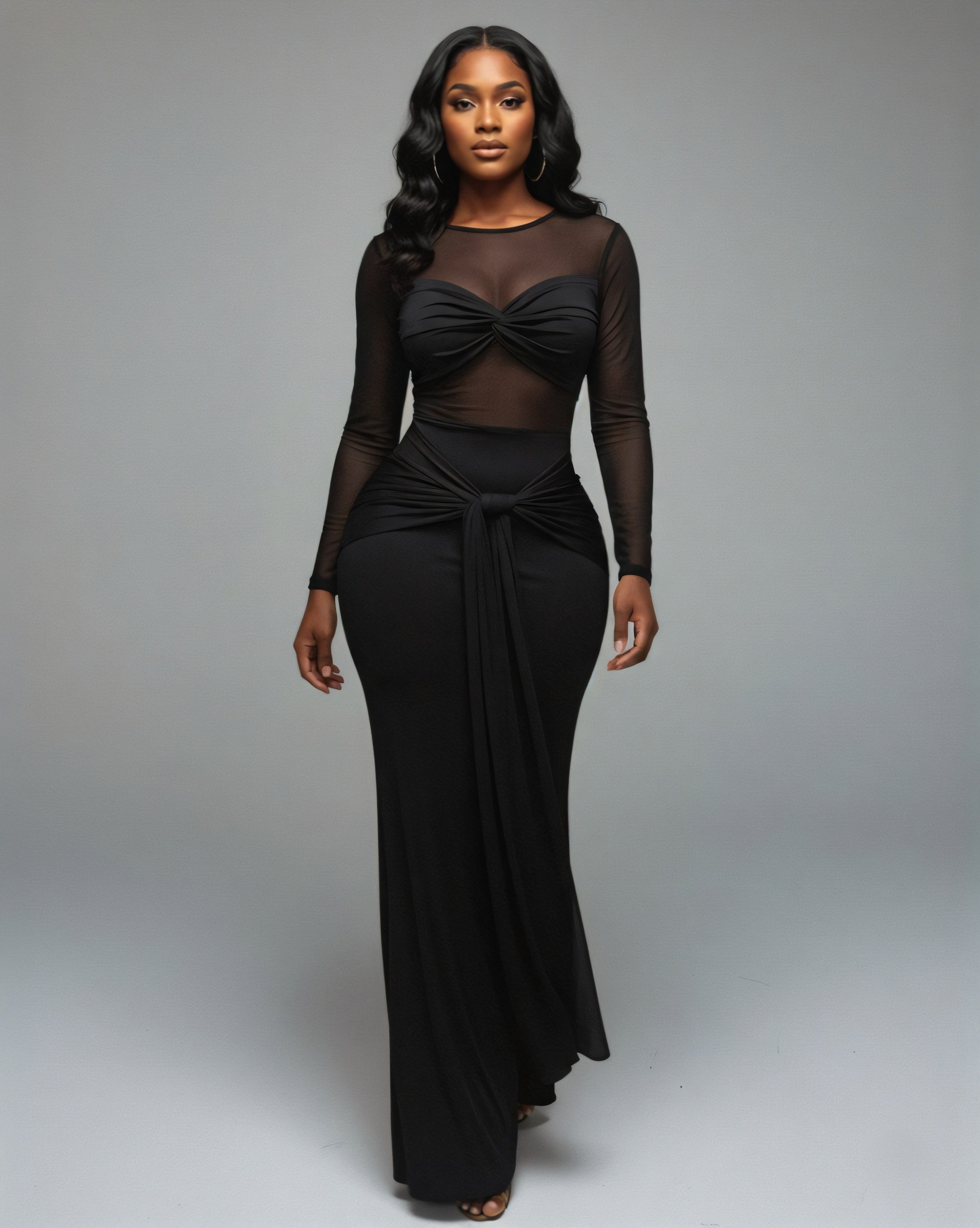 VALEYA Mesh Panel Tie-Front Maxi Dress
