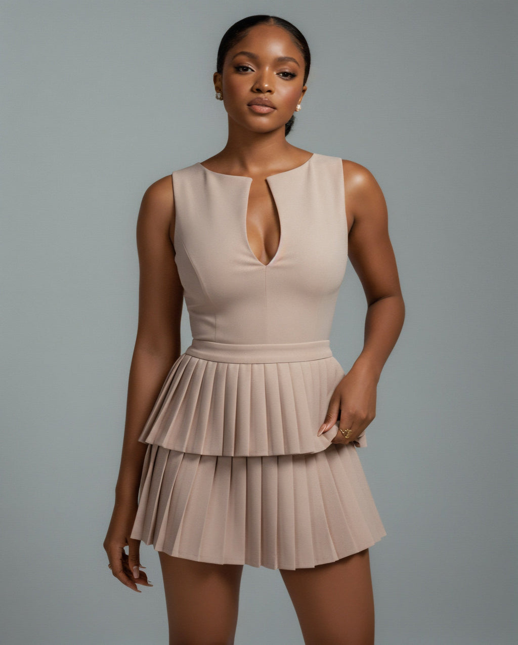 ARIANE V-Neck Pleated Mini Dress