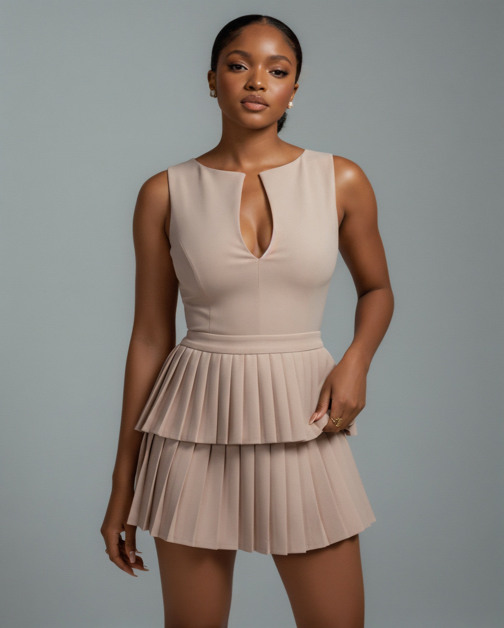 ARIANE V-Neck Pleated Mini Dress