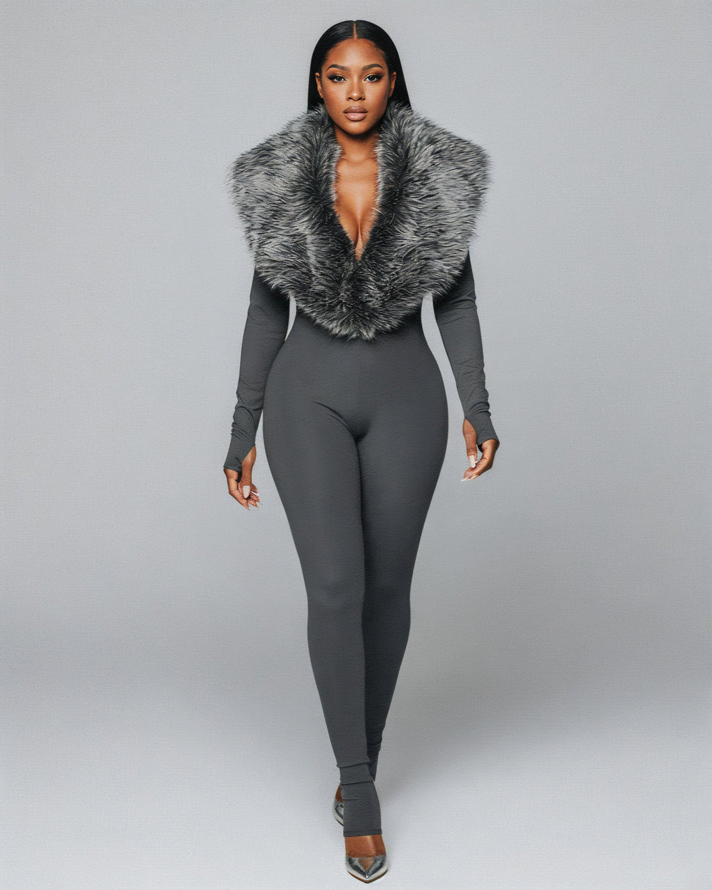 VARINA Faux Fur Collar Ribbed Jumpsuit