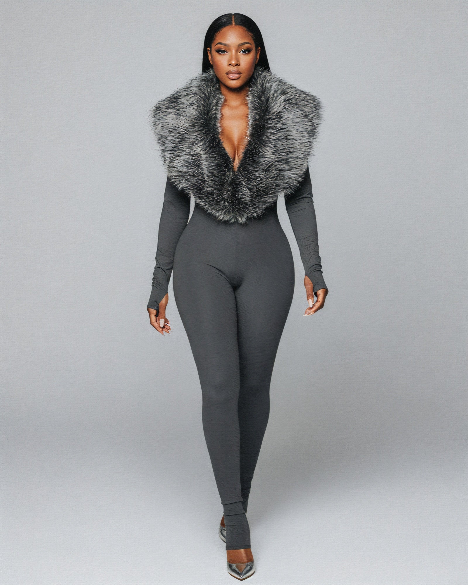 VARINA Faux Fur Collar Ribbed Jumpsuit
