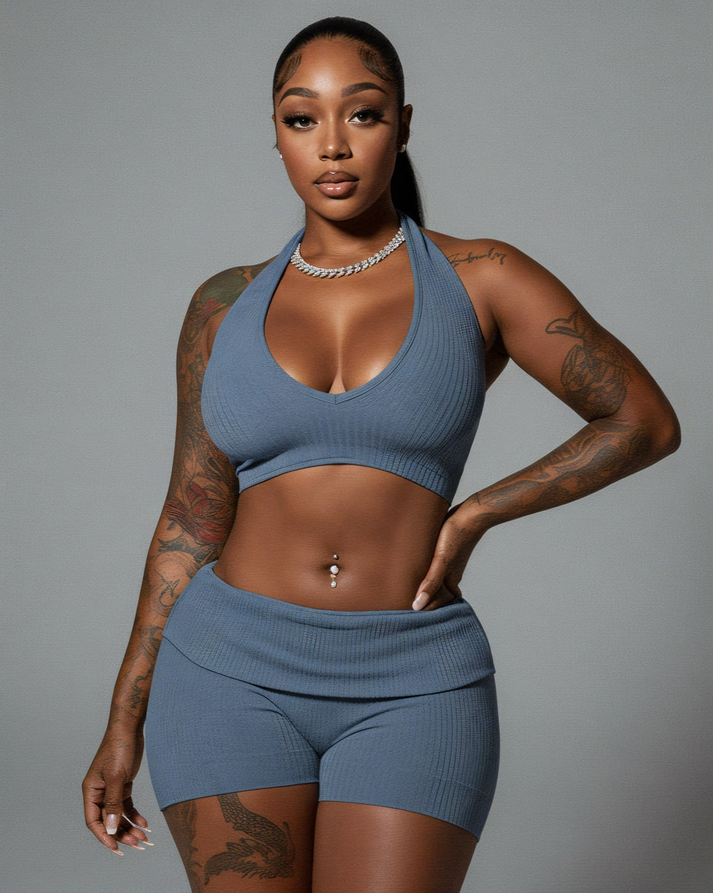 ZEIRA Ribbed Halter Crop Top & High-Waisted Shorts Set