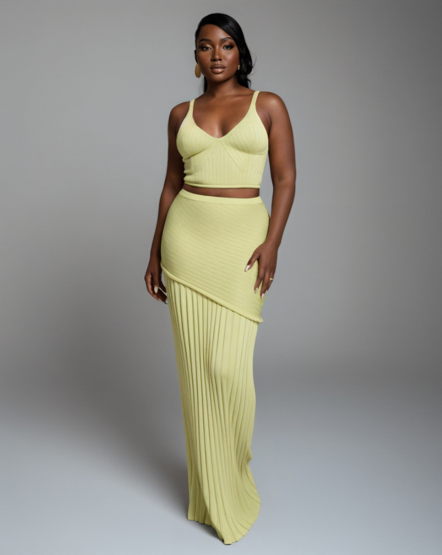VESPERA Ribbed Knit Crop Top & Pleated Maxi Skirt Set