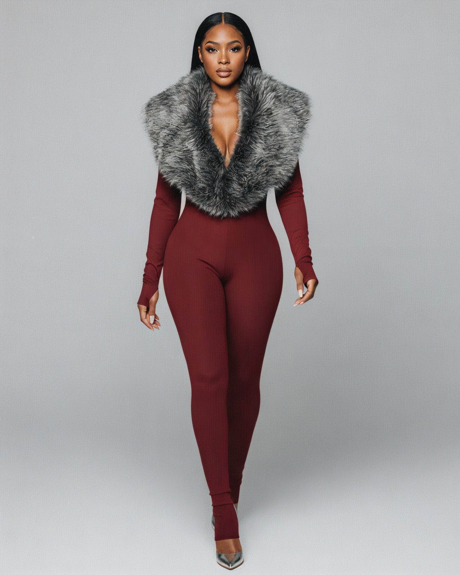 VARINA Faux Fur Collar Ribbed Jumpsuit