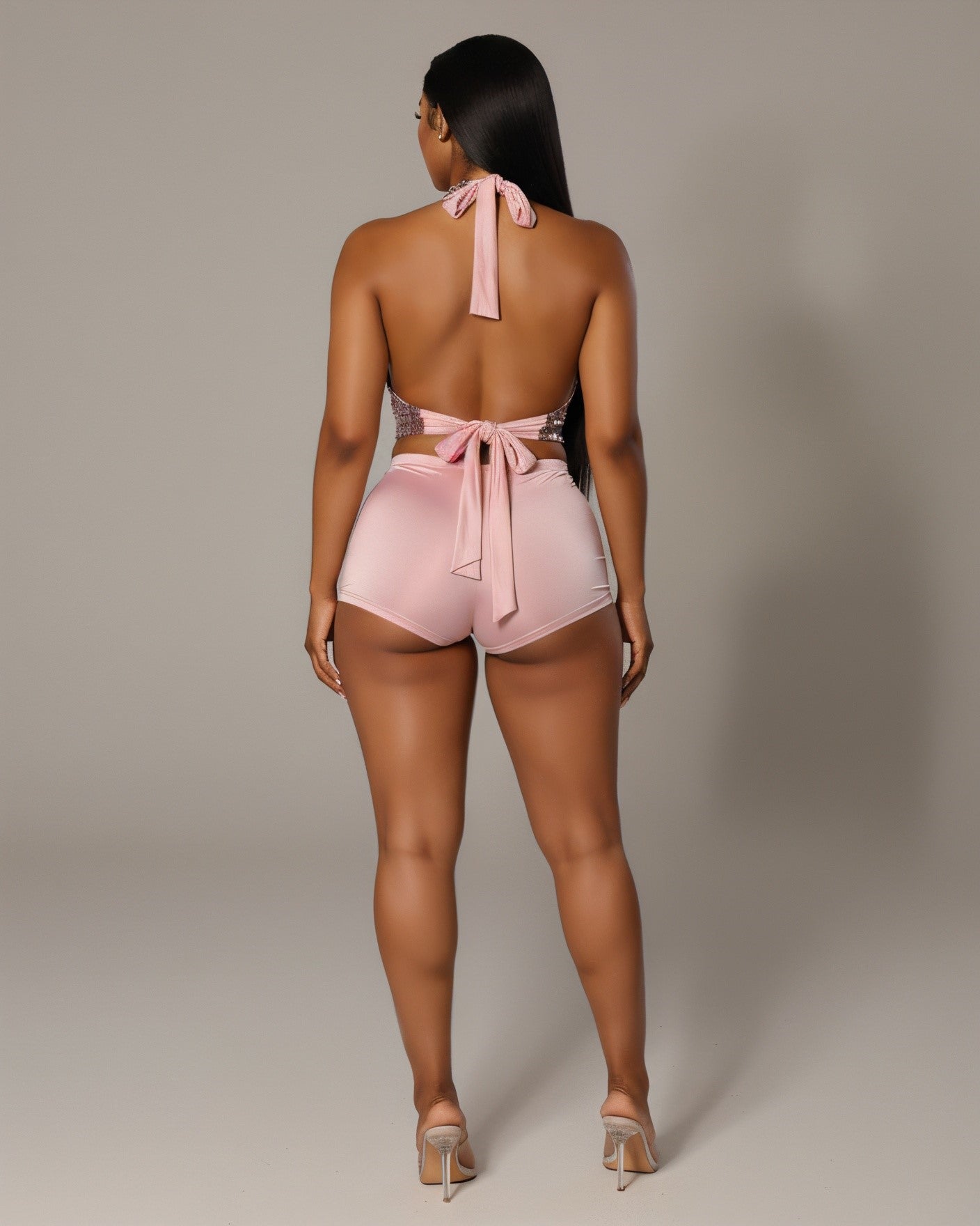KELIA Sequin Halter Top & Satin Short Set