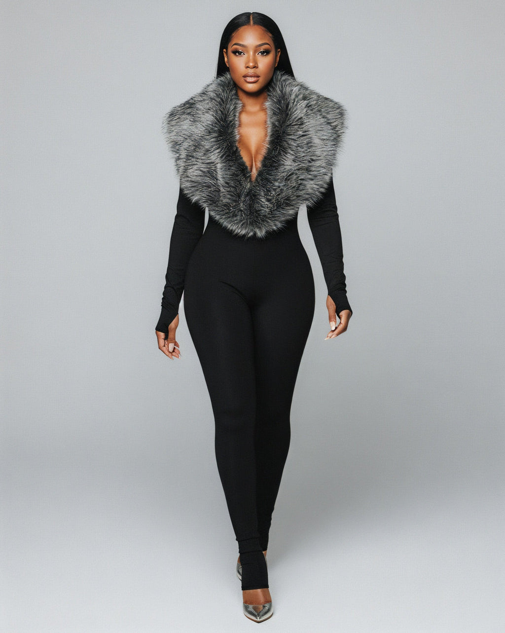VARINA Faux Fur Collar Ribbed Jumpsuit