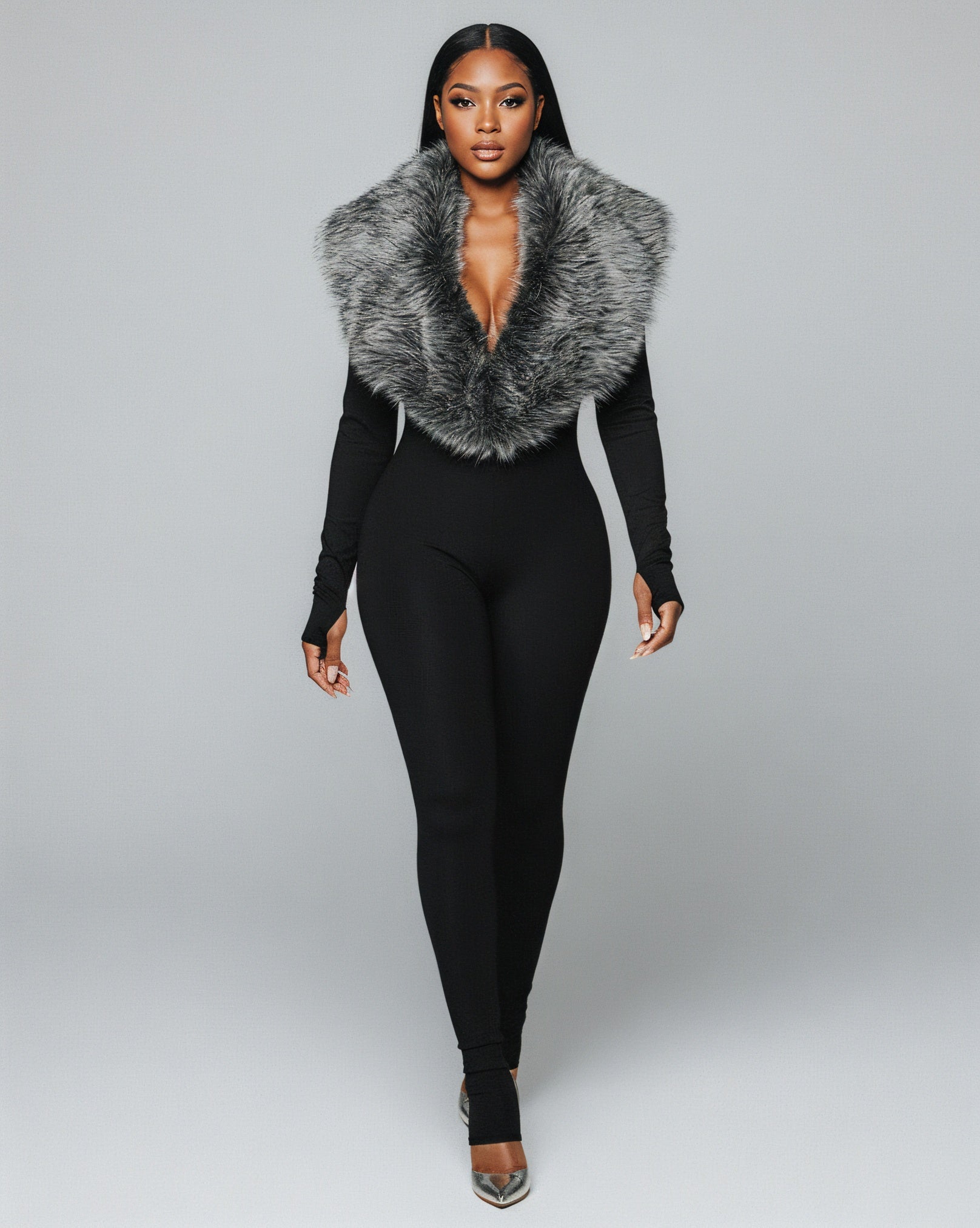 VARINA Faux Fur Collar Ribbed Jumpsuit