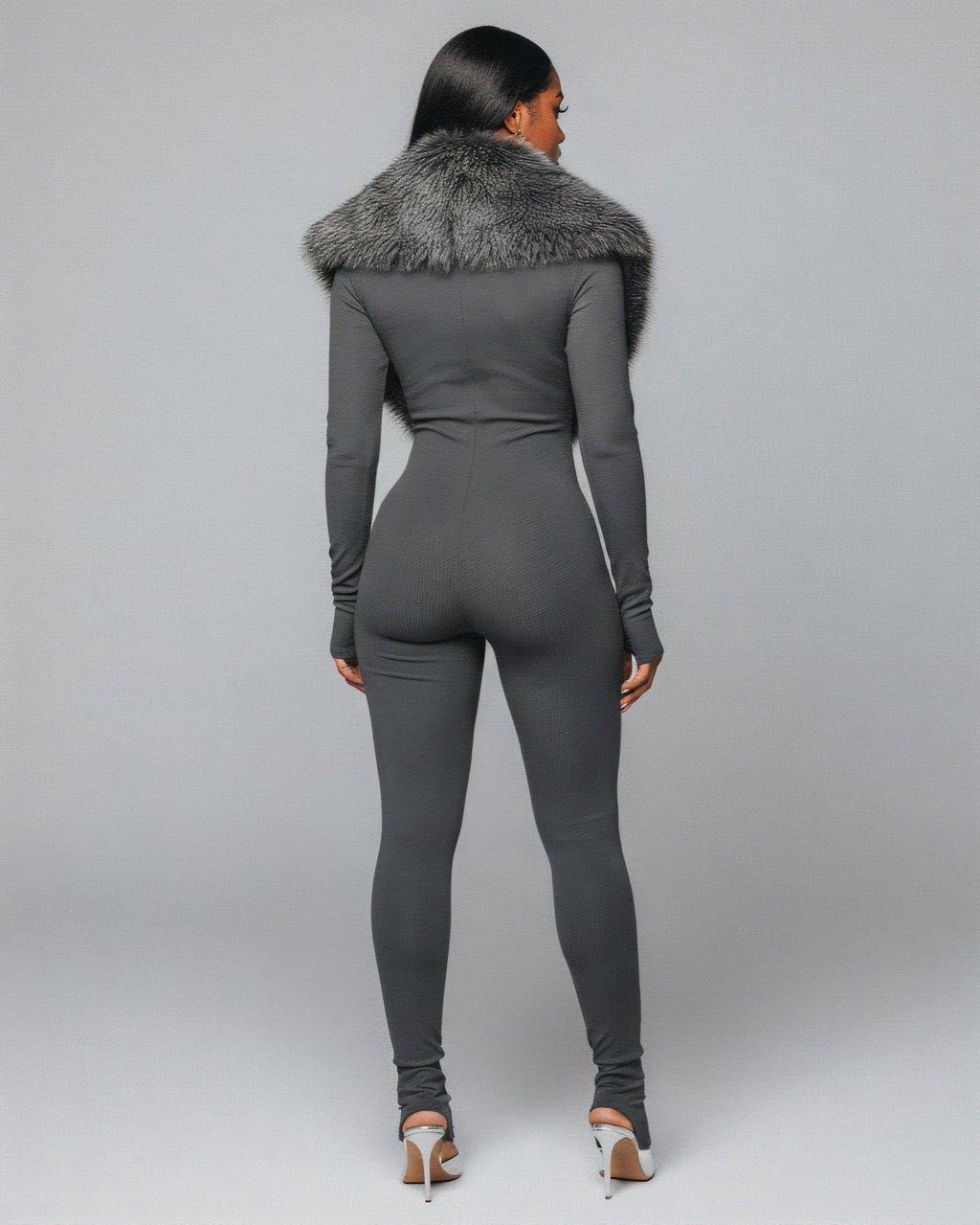 VARINA Faux Fur Collar Ribbed Jumpsuit