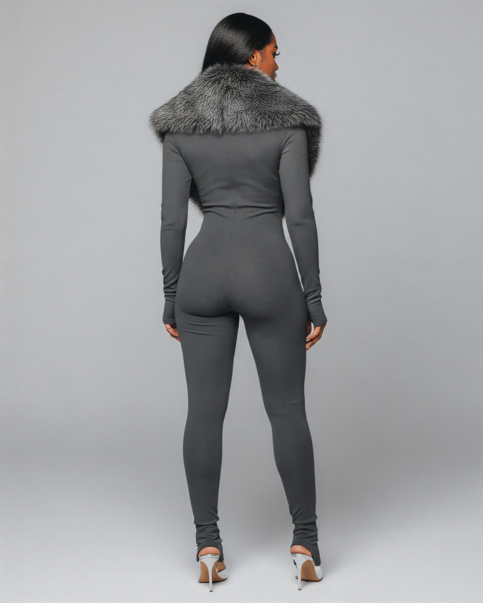 VARINA Faux Fur Collar Ribbed Jumpsuit