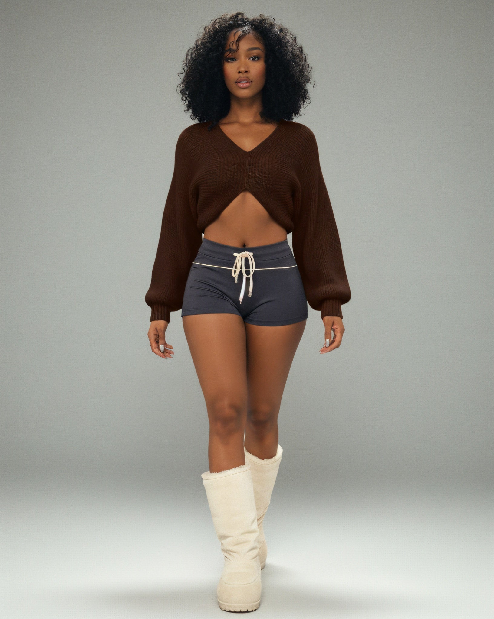 SUNNIVA Ribbed V-Cut Cropped Knit Sweater