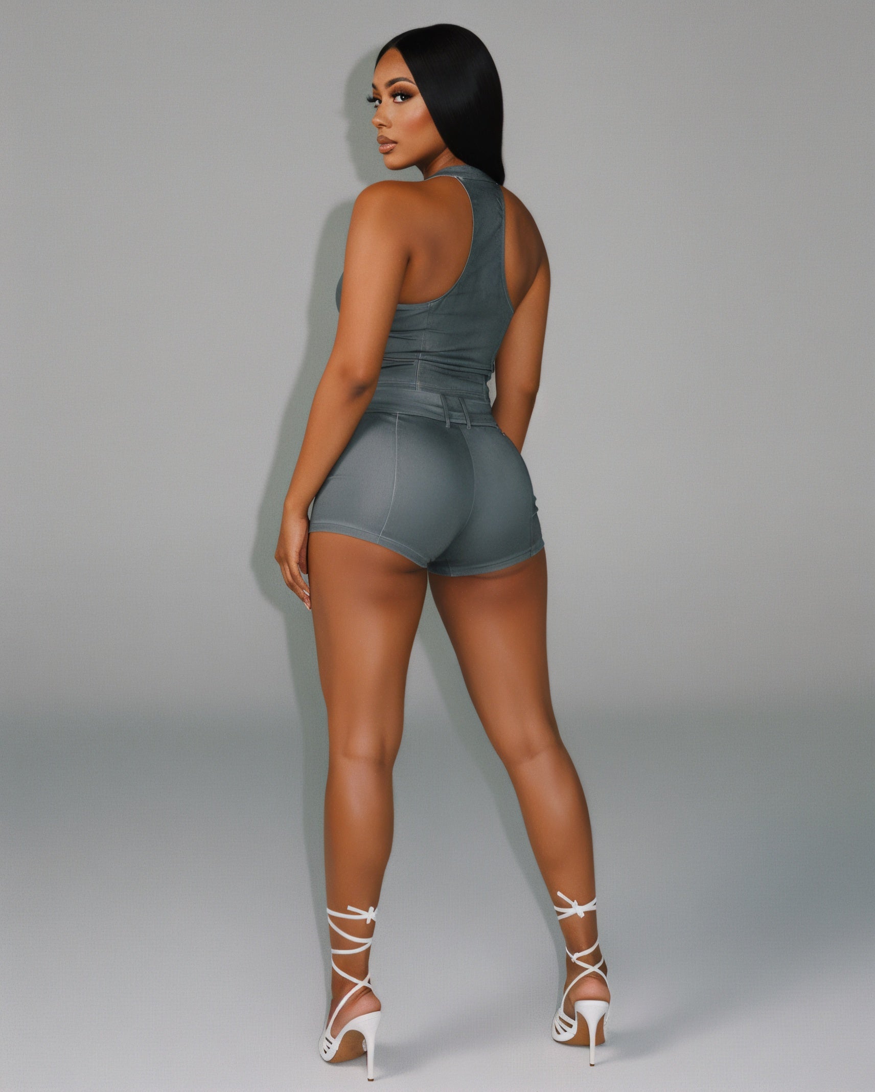 CLARISSA Denim Zip Up Top & Shorts Set