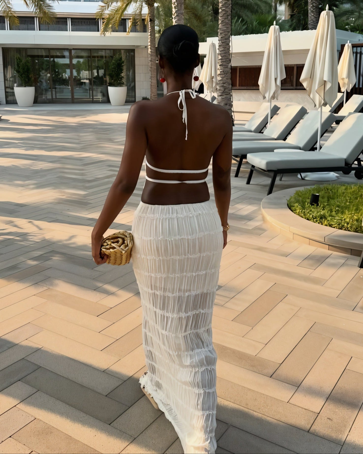 CHRISTINE Sheer Ruched Halter Top and Maxi Skirt Set