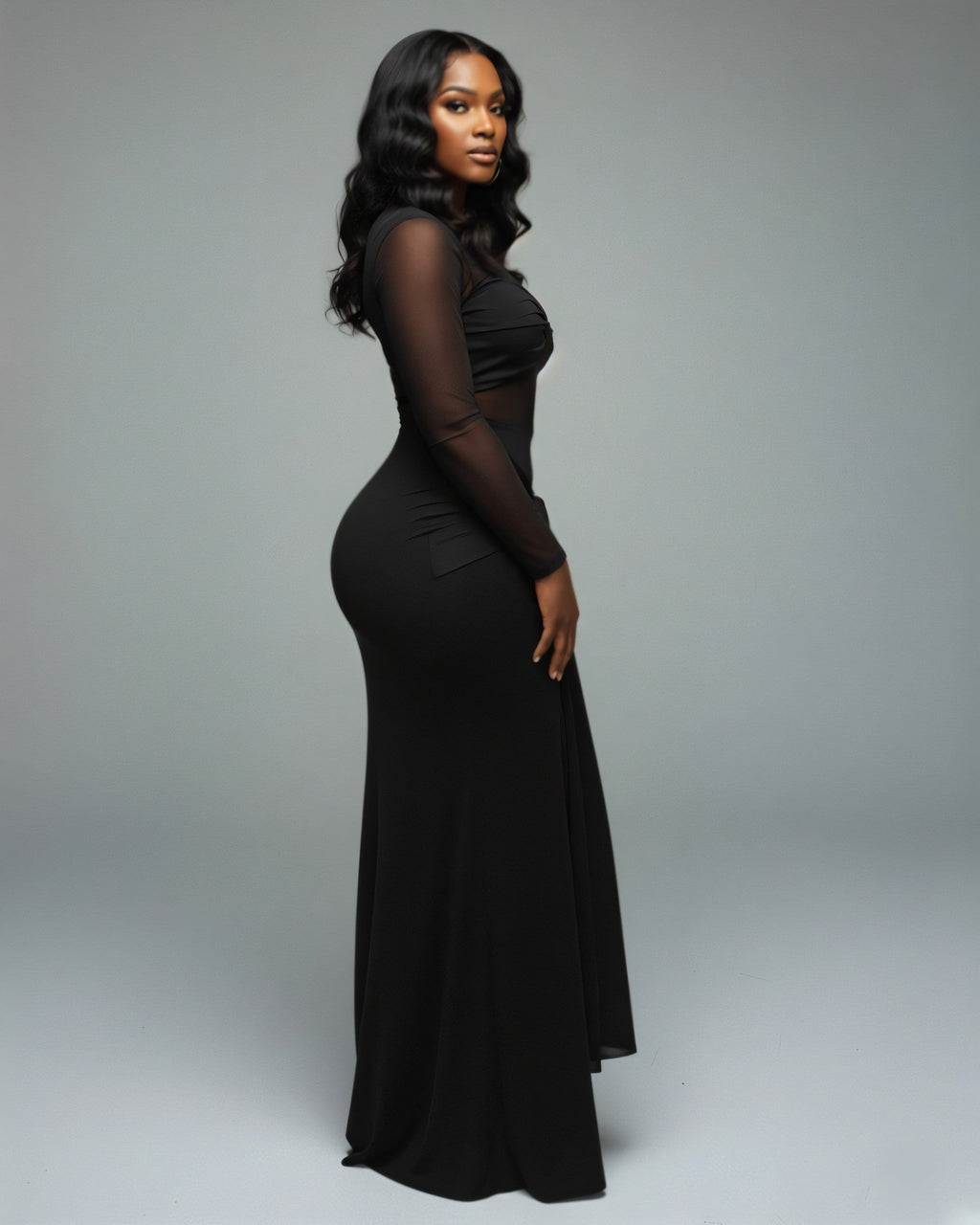 VALEYA Mesh Panel Tie-Front Maxi Dress