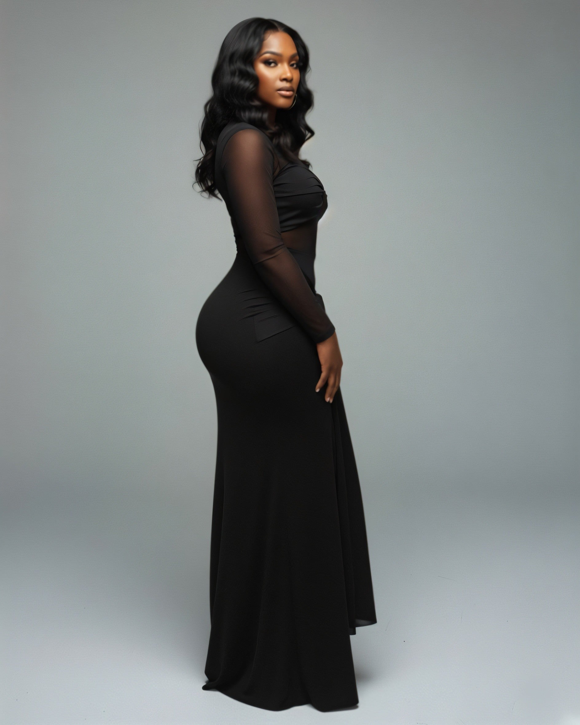 VALEYA Mesh Panel Tie-Front Maxi Dress