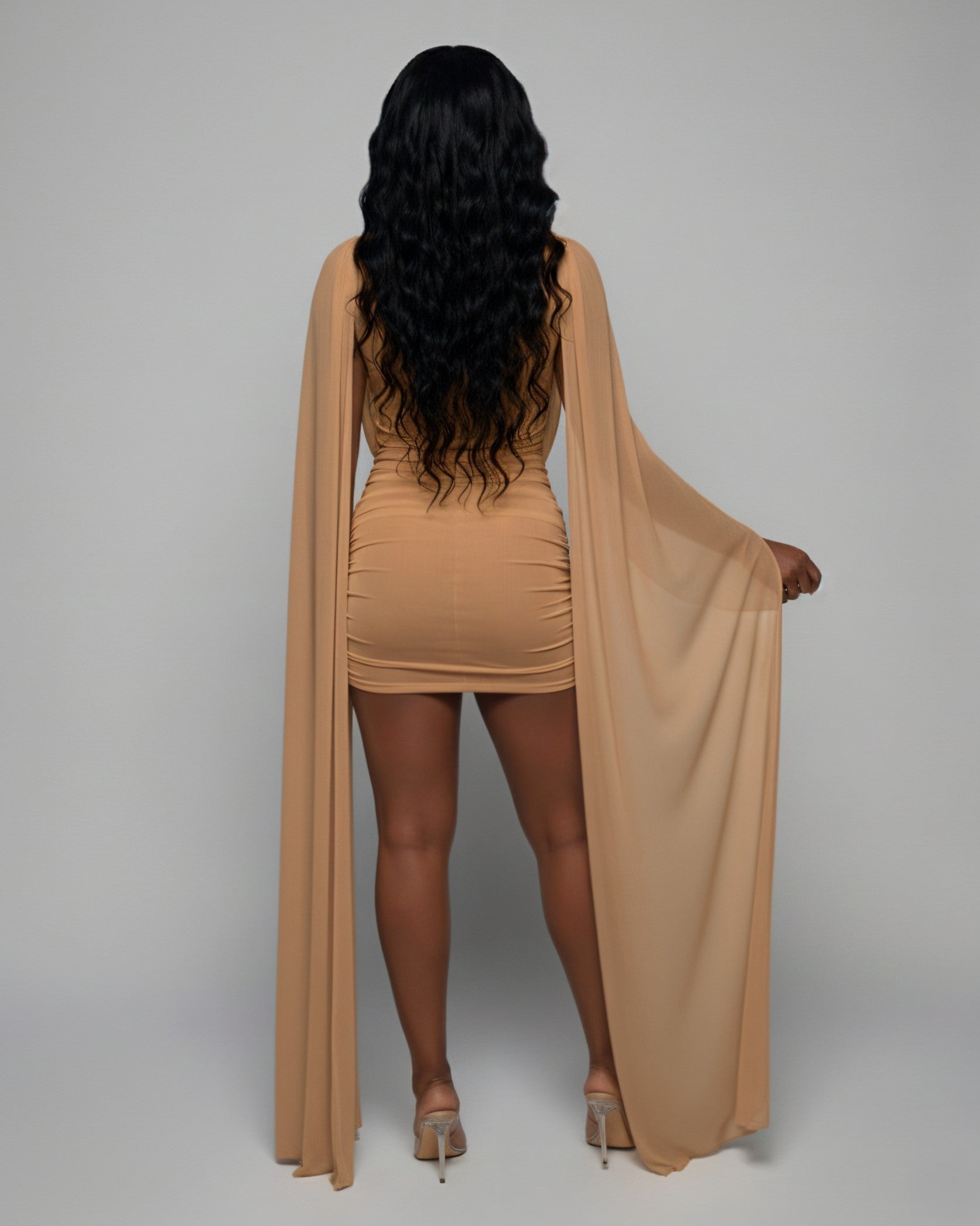 WAYONA High-Neck Mesh Draped Mini Dress