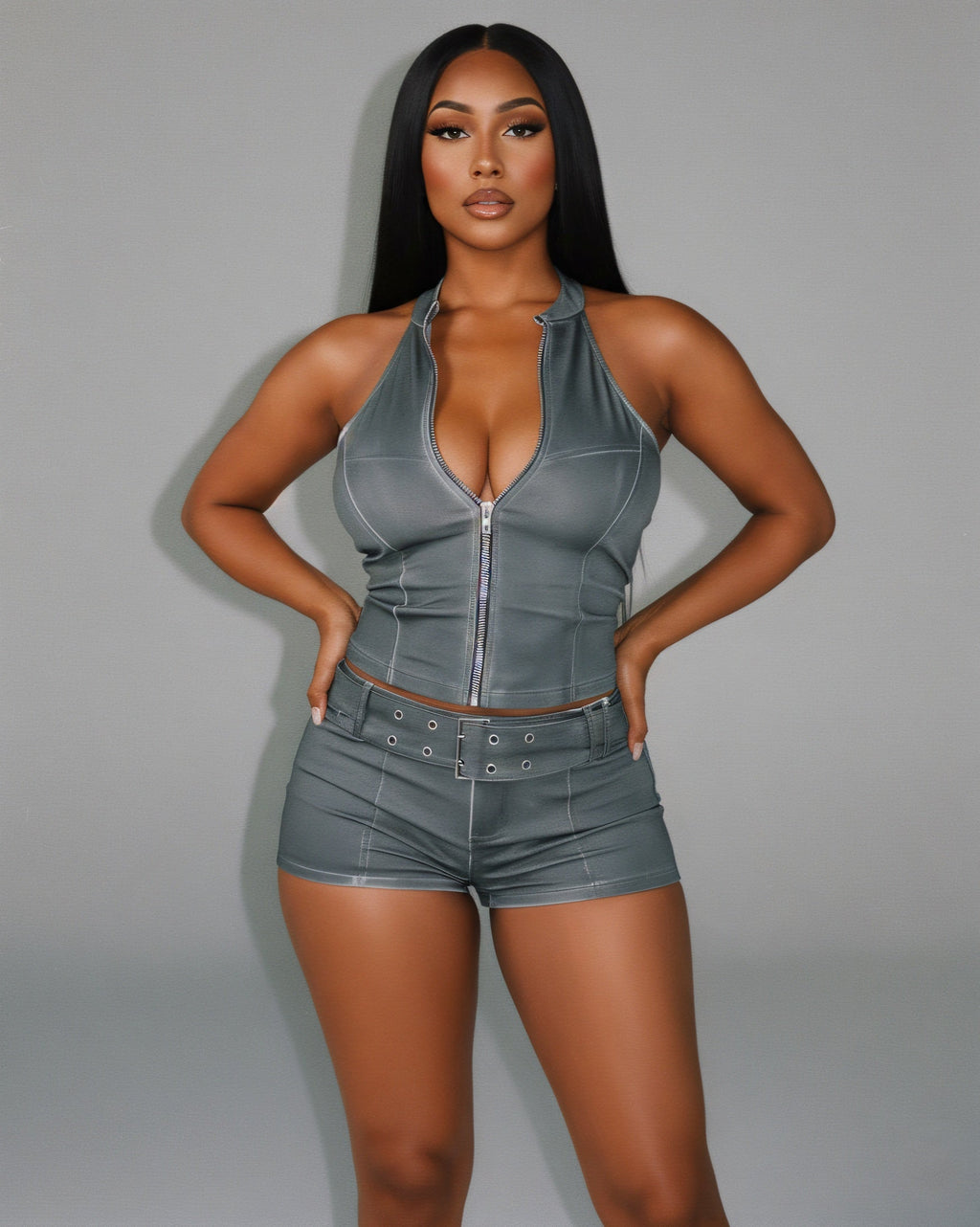 CLARISSA Denim Zip Up Top & Shorts Set