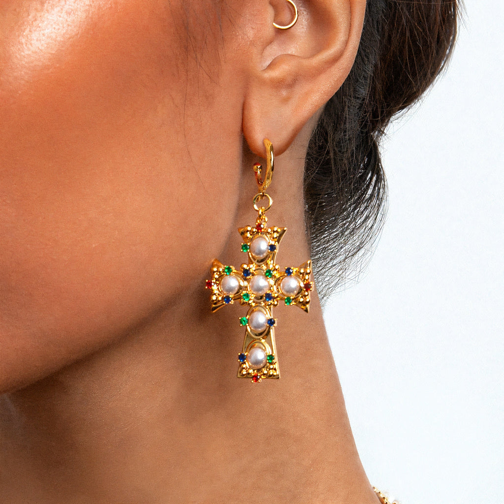 Stainless Steel Pearl Cross Earings