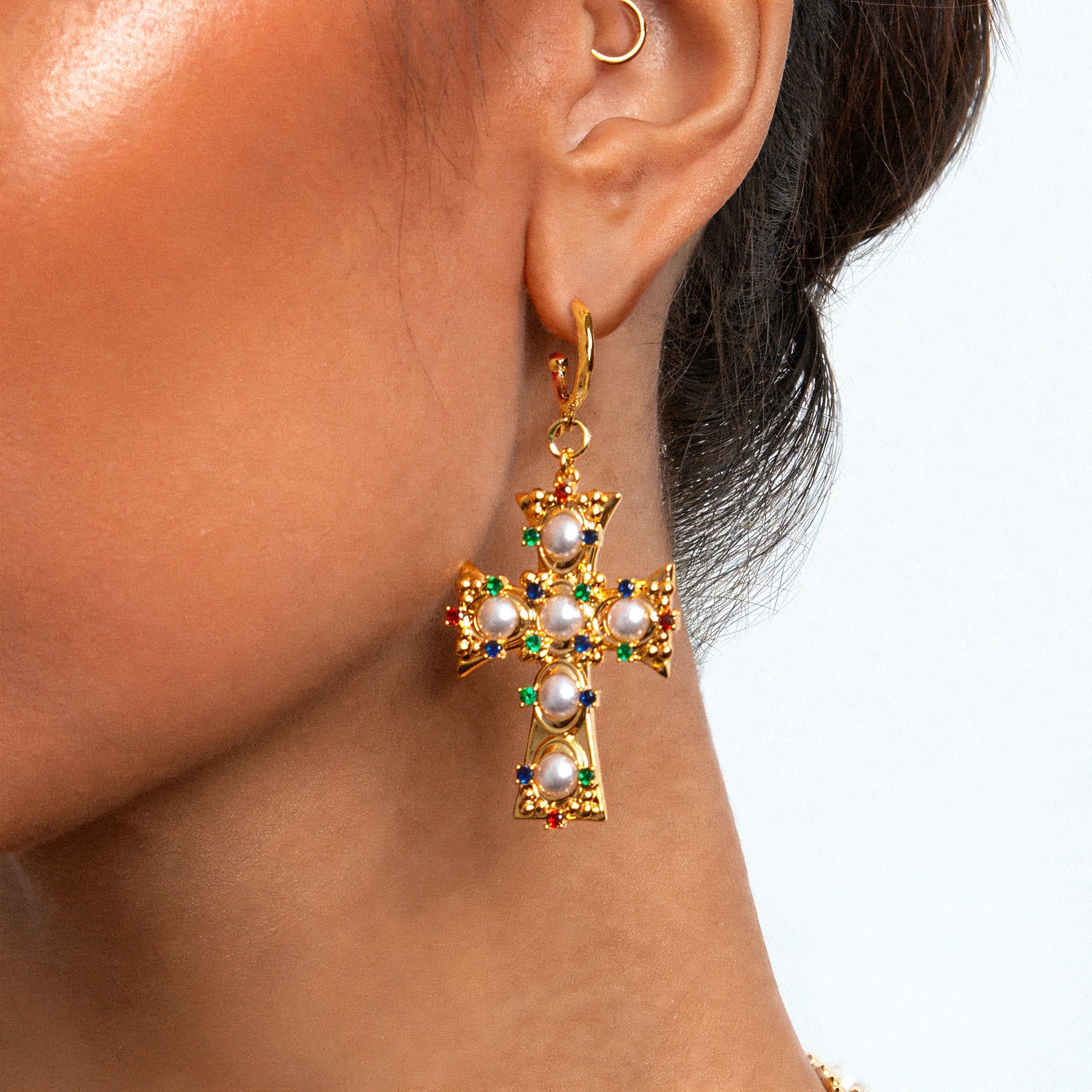 Stainless Steel Pearl Cross Earings