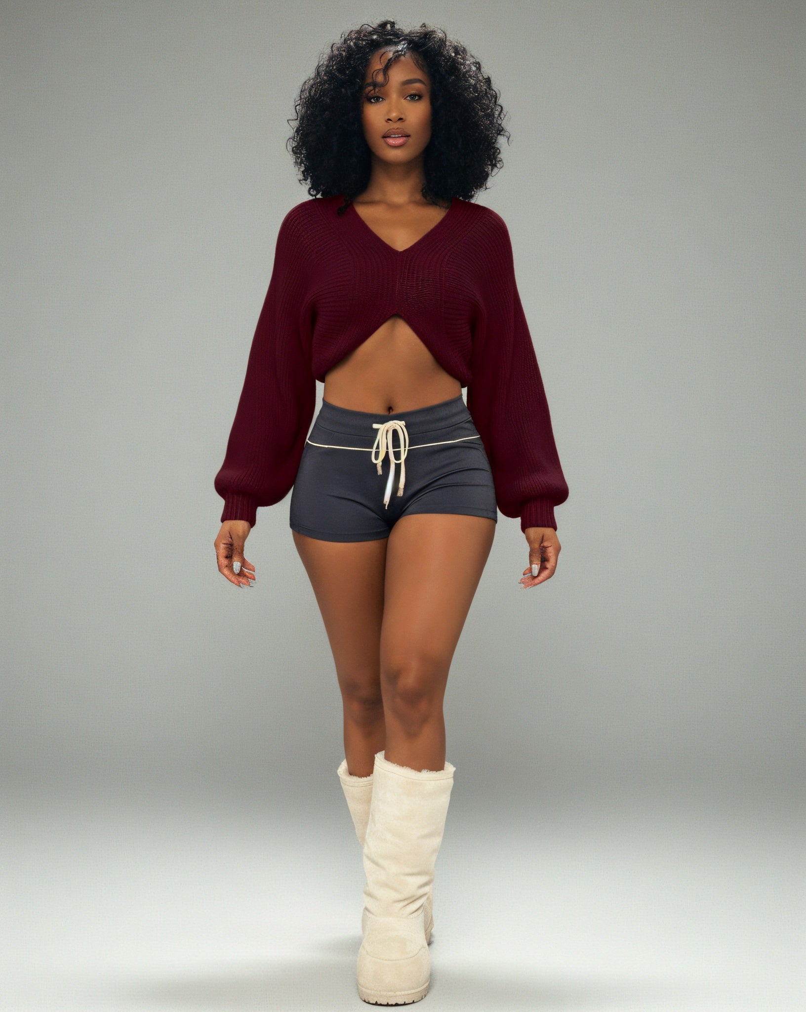 SUNNIVA Ribbed V-Cut Cropped Knit Sweater