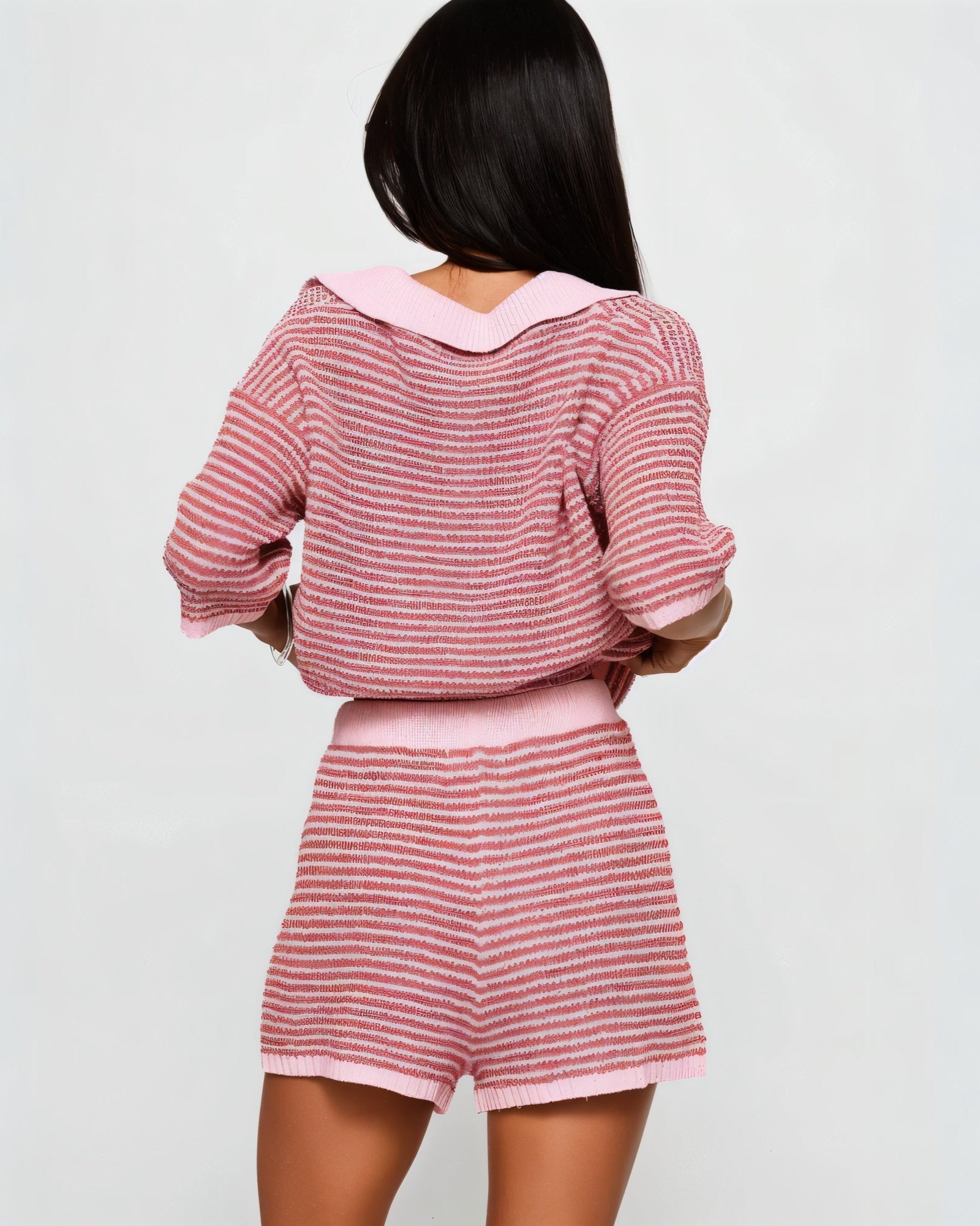 OLENNA Striped Knit Oversized Top & Drawstring Short Set