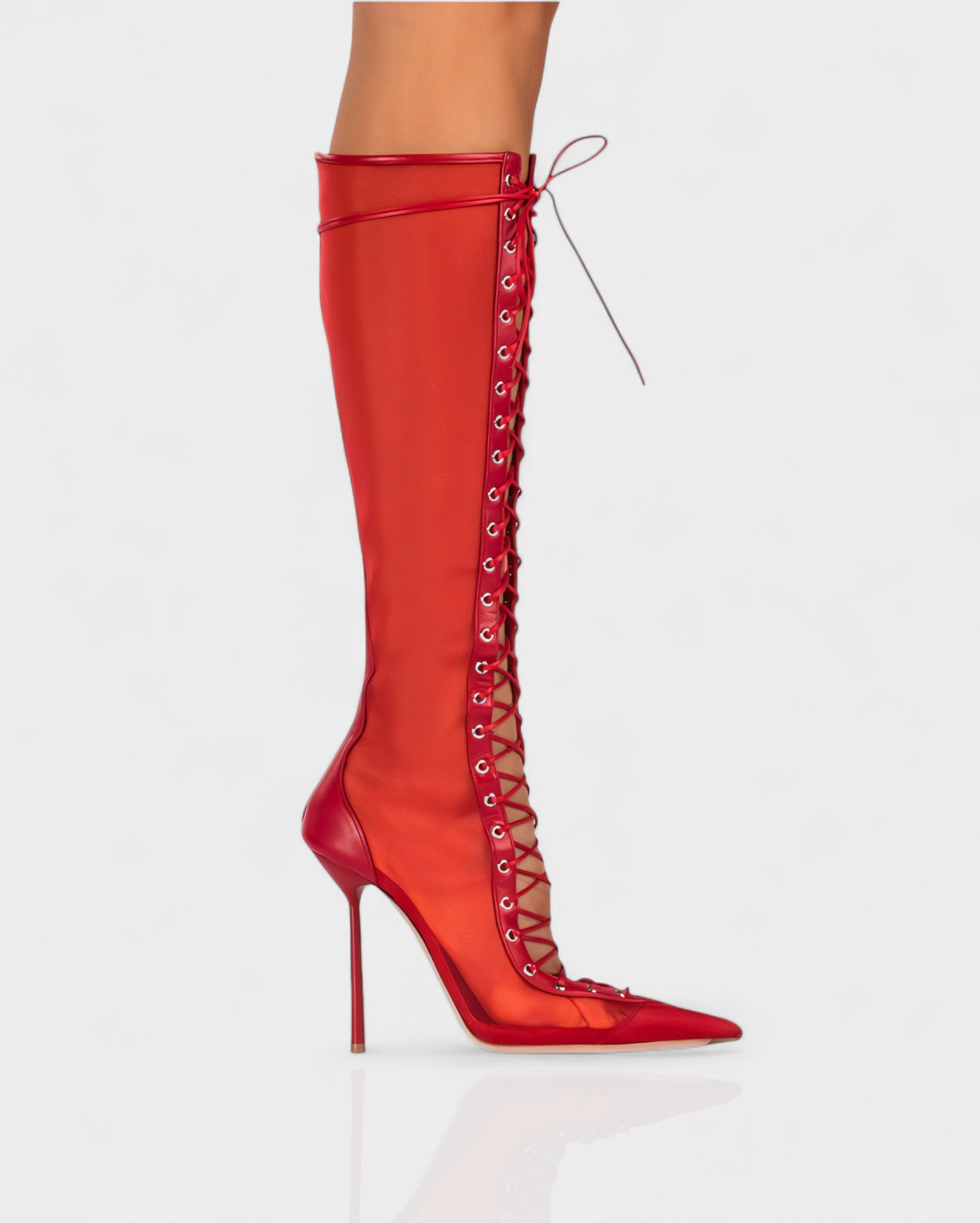 ESCAS Lace-Up Mesh Knee-High Stiletto Boots