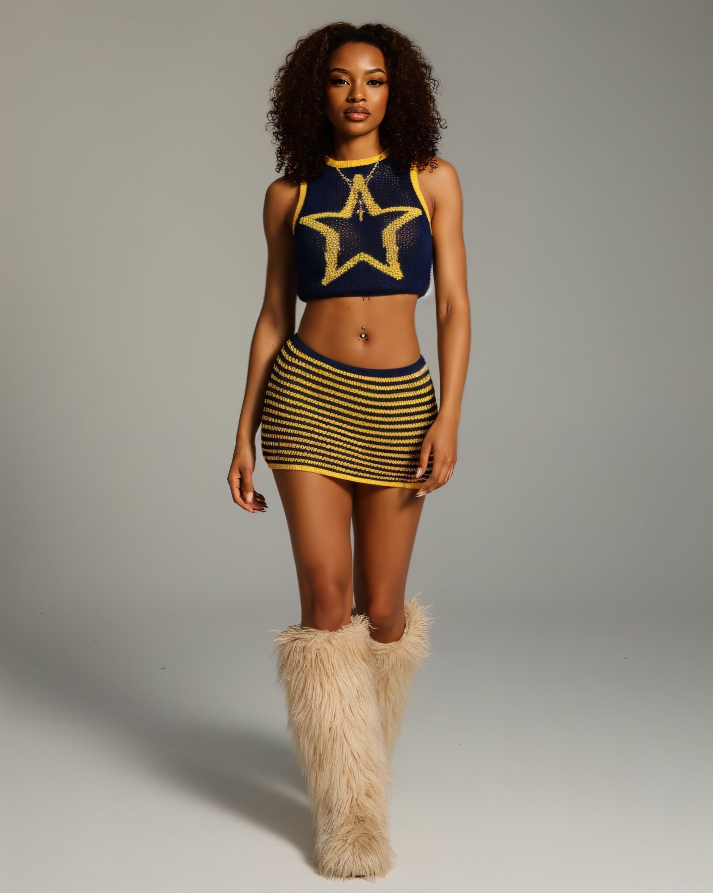 QUINLEY Knitted Star Cropped Top & Mini Skirt Set