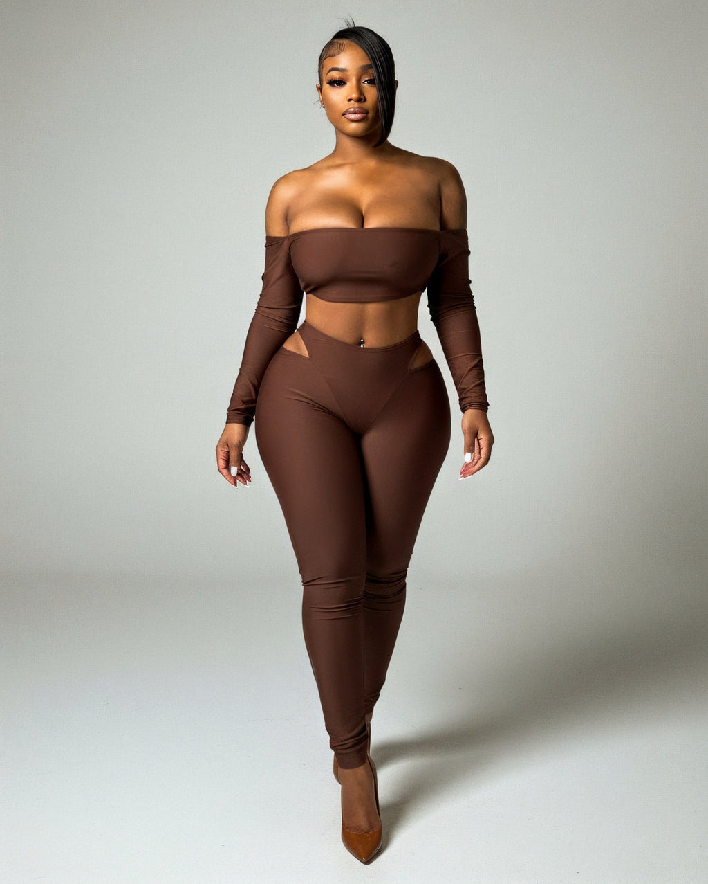 ELOWEN Off-shoulder Long Sleeve Top & Cutout Pants Set