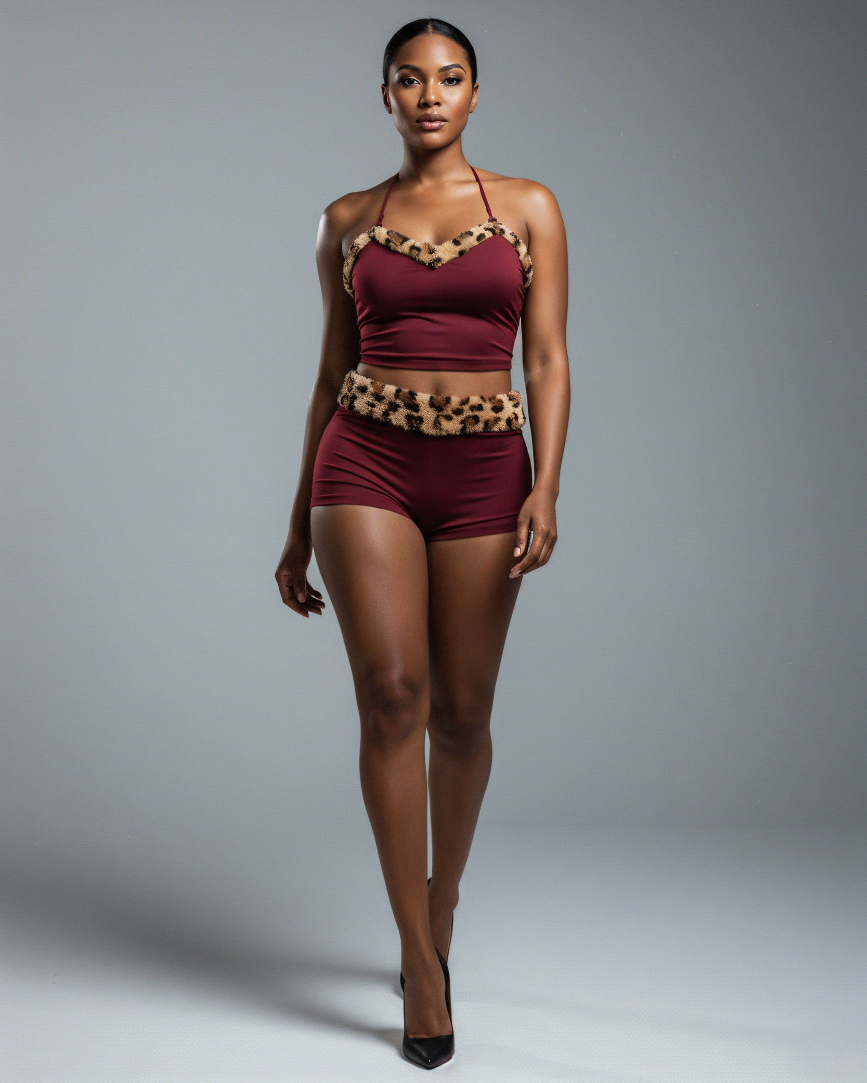JENNY Leopard Fur Trim Top & Shorts Set