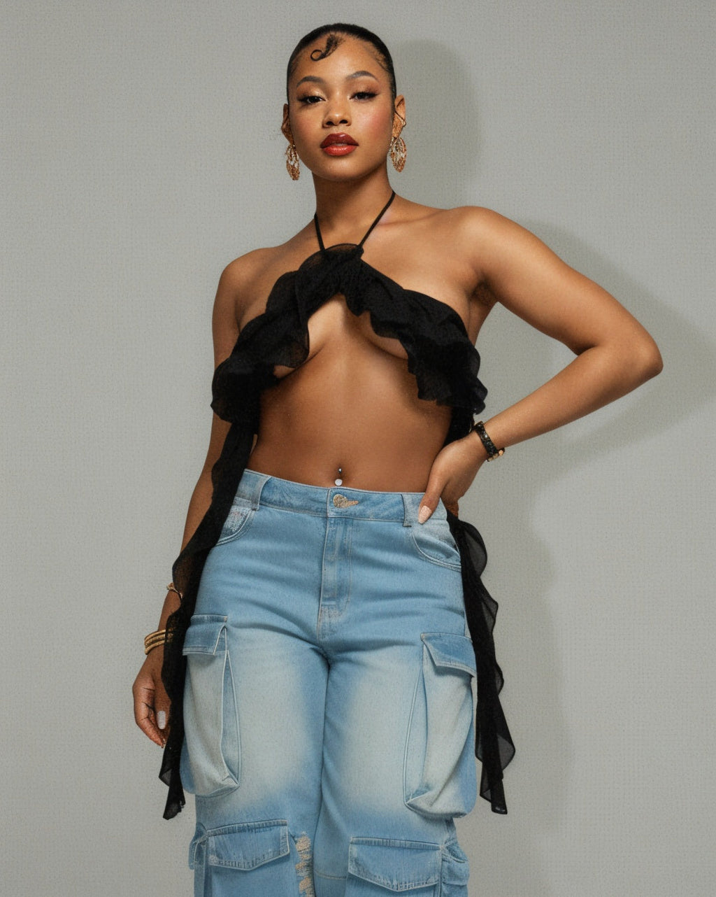 INGRID Denim Ripped Cargo Pants