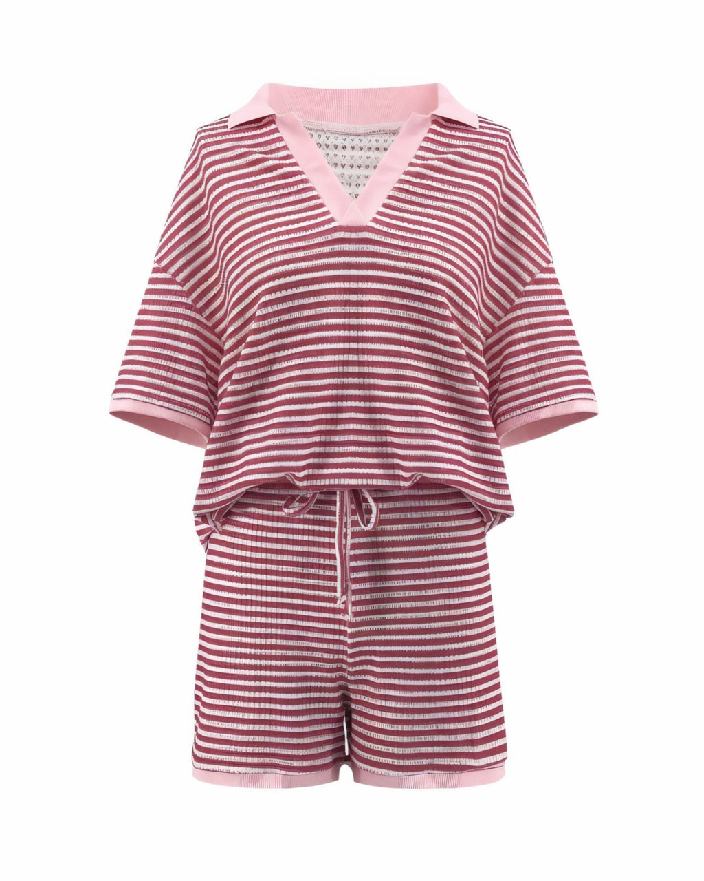 OLENNA Striped Knit Oversized Top & Drawstring Short Set