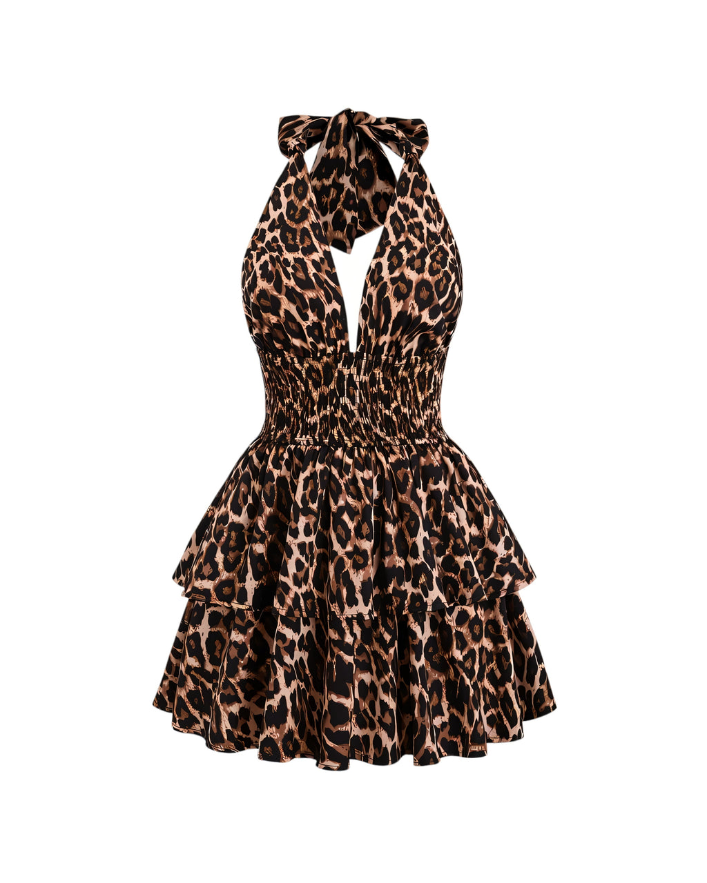 PEACHY Leopard Halter Ruffle Mini Dress