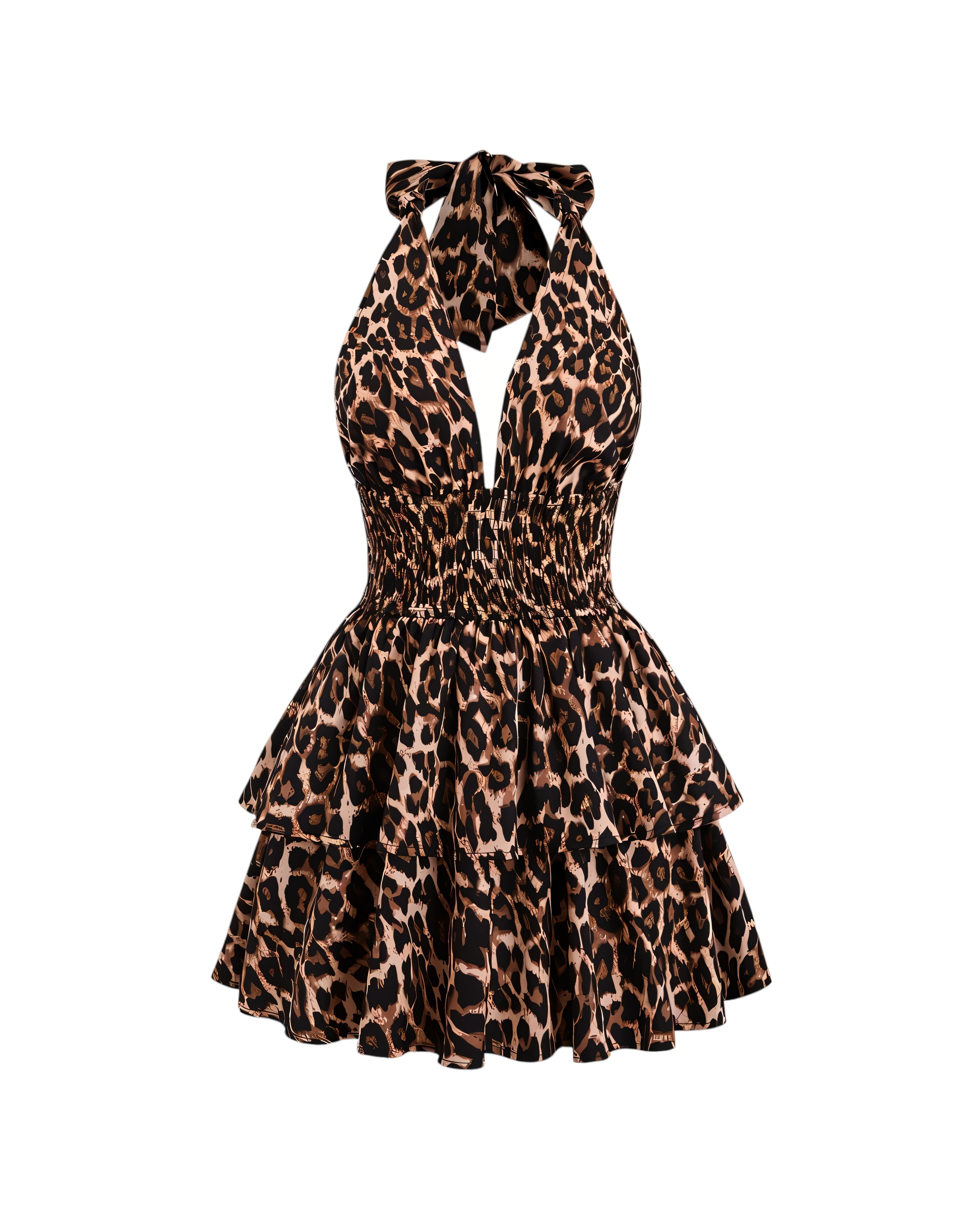 PEACHY Leopard Halter Ruffle Mini Dress