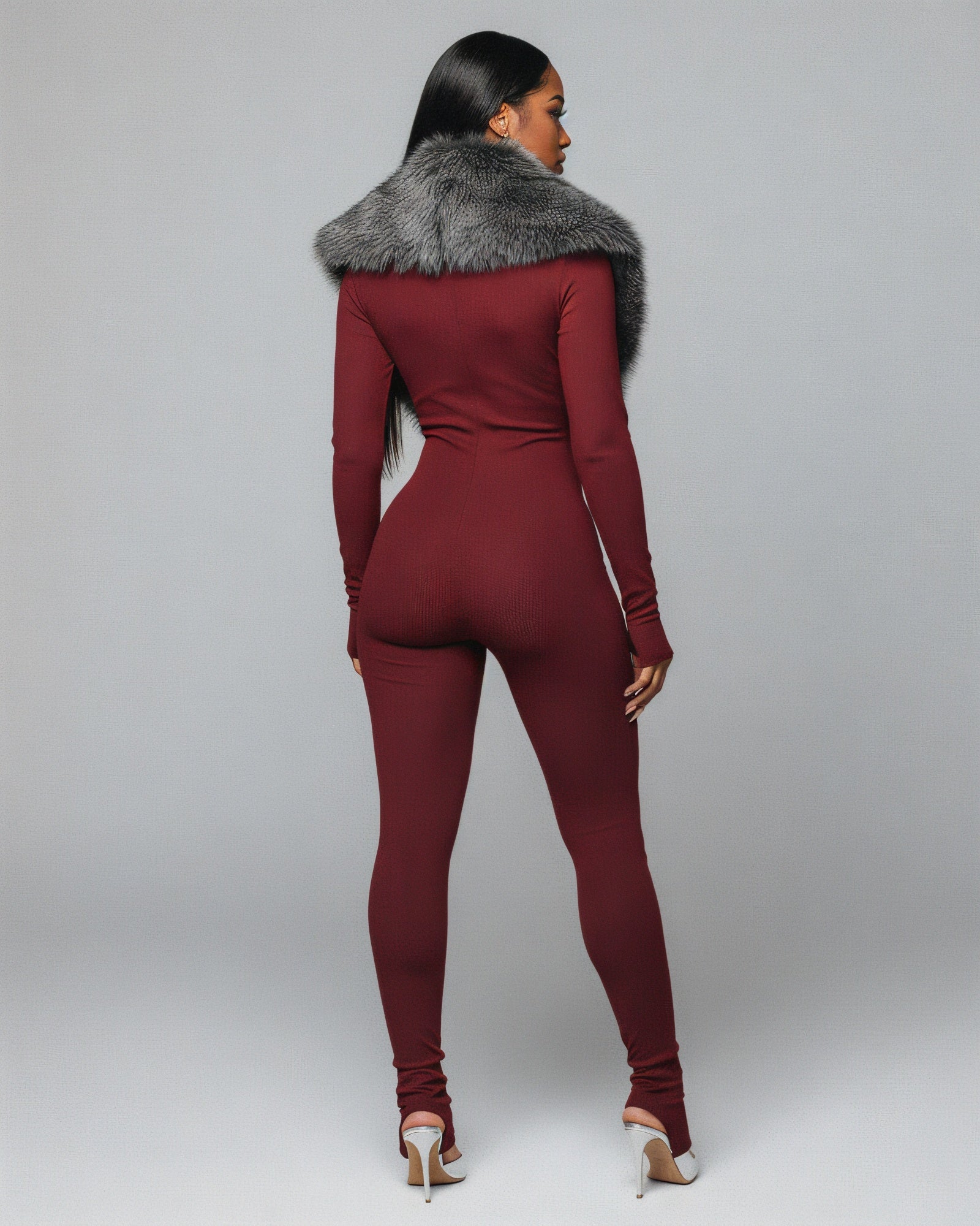 VARINA Faux Fur Collar Ribbed Jumpsuit