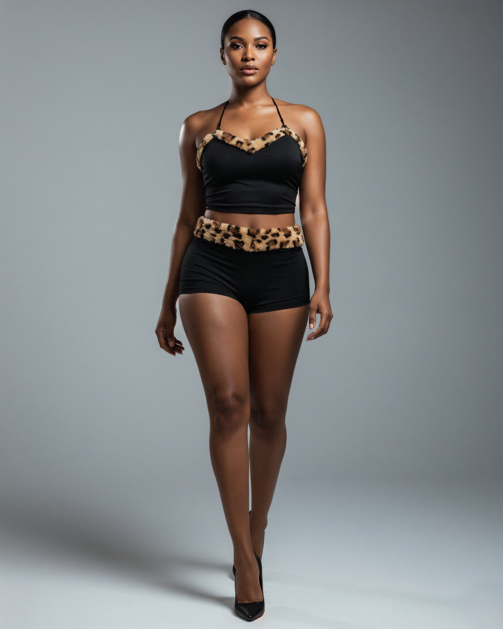 JENNY Leopard Fur Trim Top & Shorts Set
