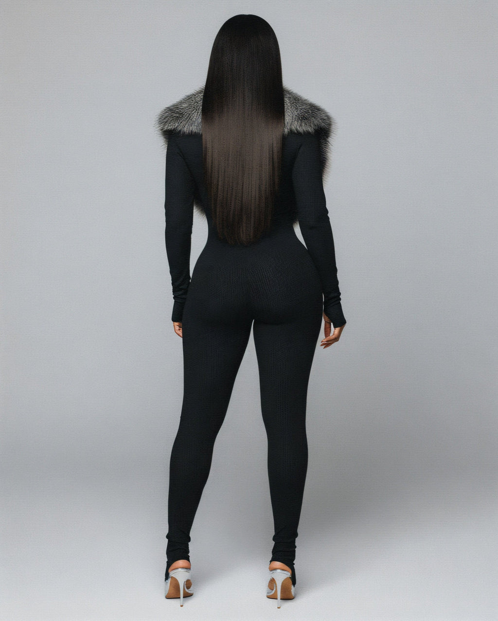 VARINA Faux Fur Collar Ribbed Jumpsuit