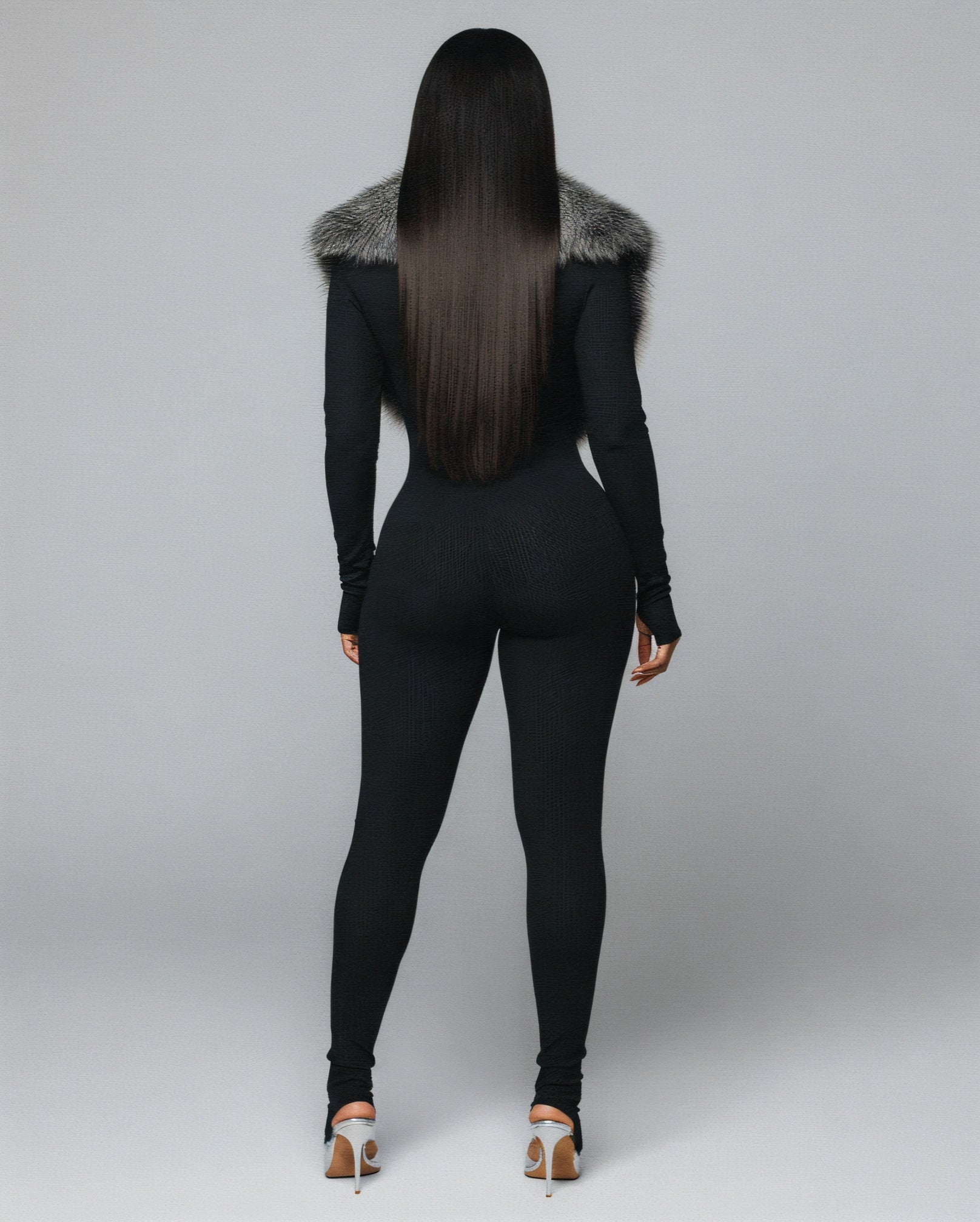 VARINA Faux Fur Collar Ribbed Jumpsuit