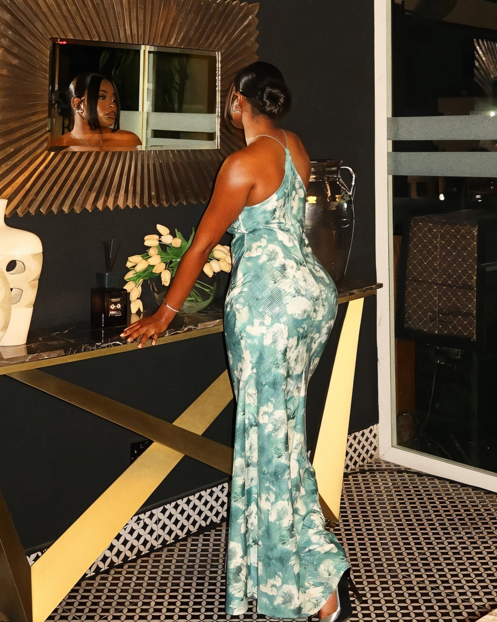SHANE 3D Floral Applique Halter Maxi Dress