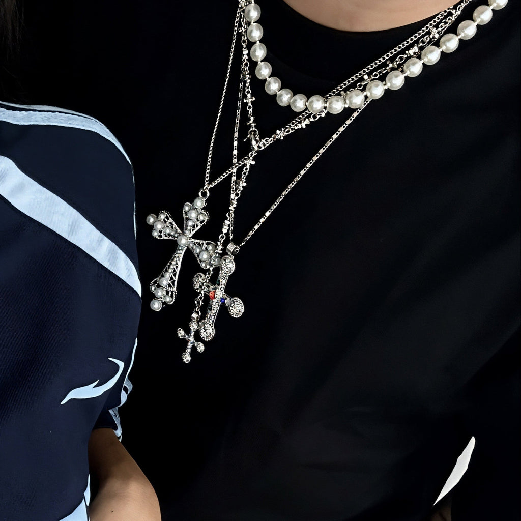 Pearl Necklace & Large Cross Pendant Set