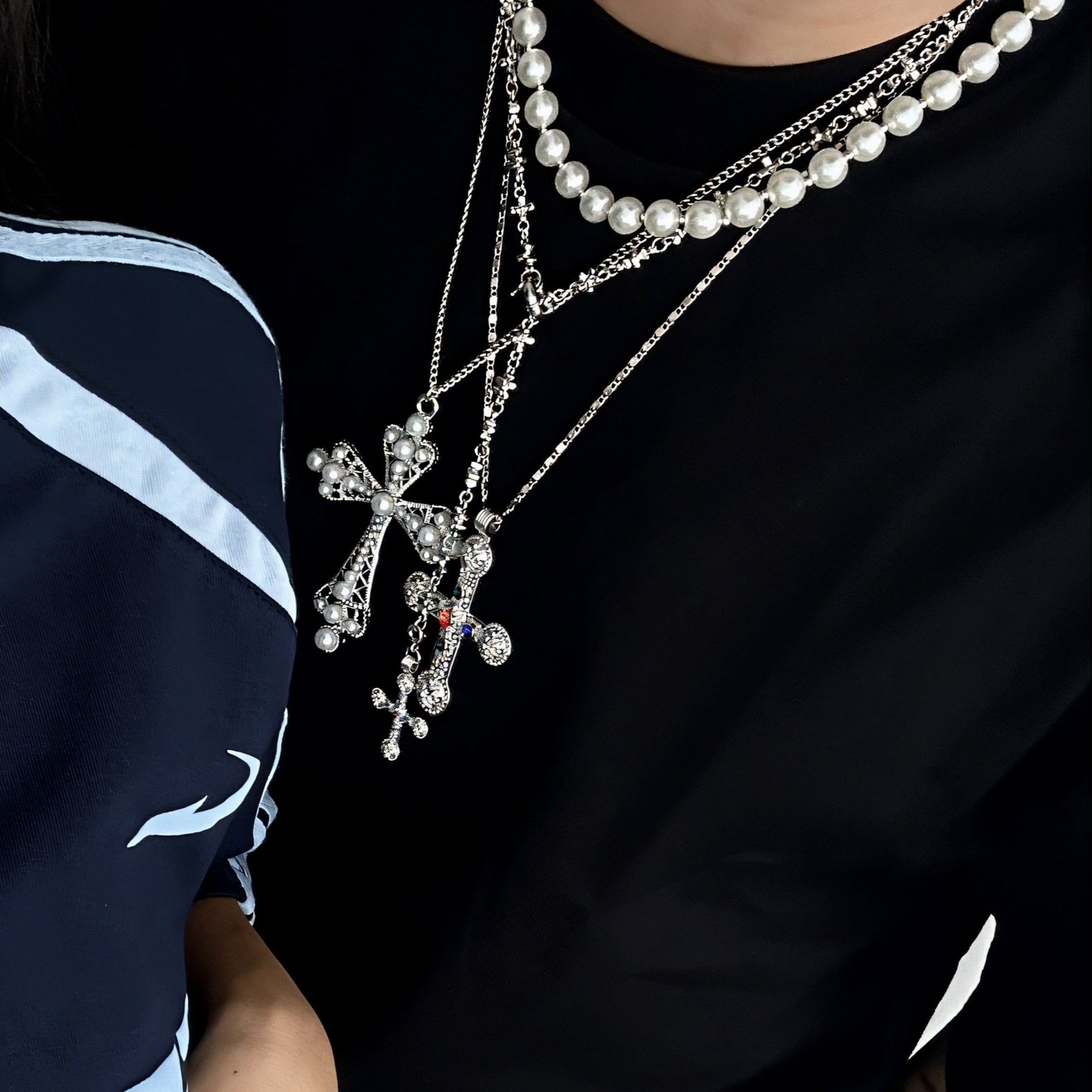 Pearl Necklace & Large Cross Pendant Set